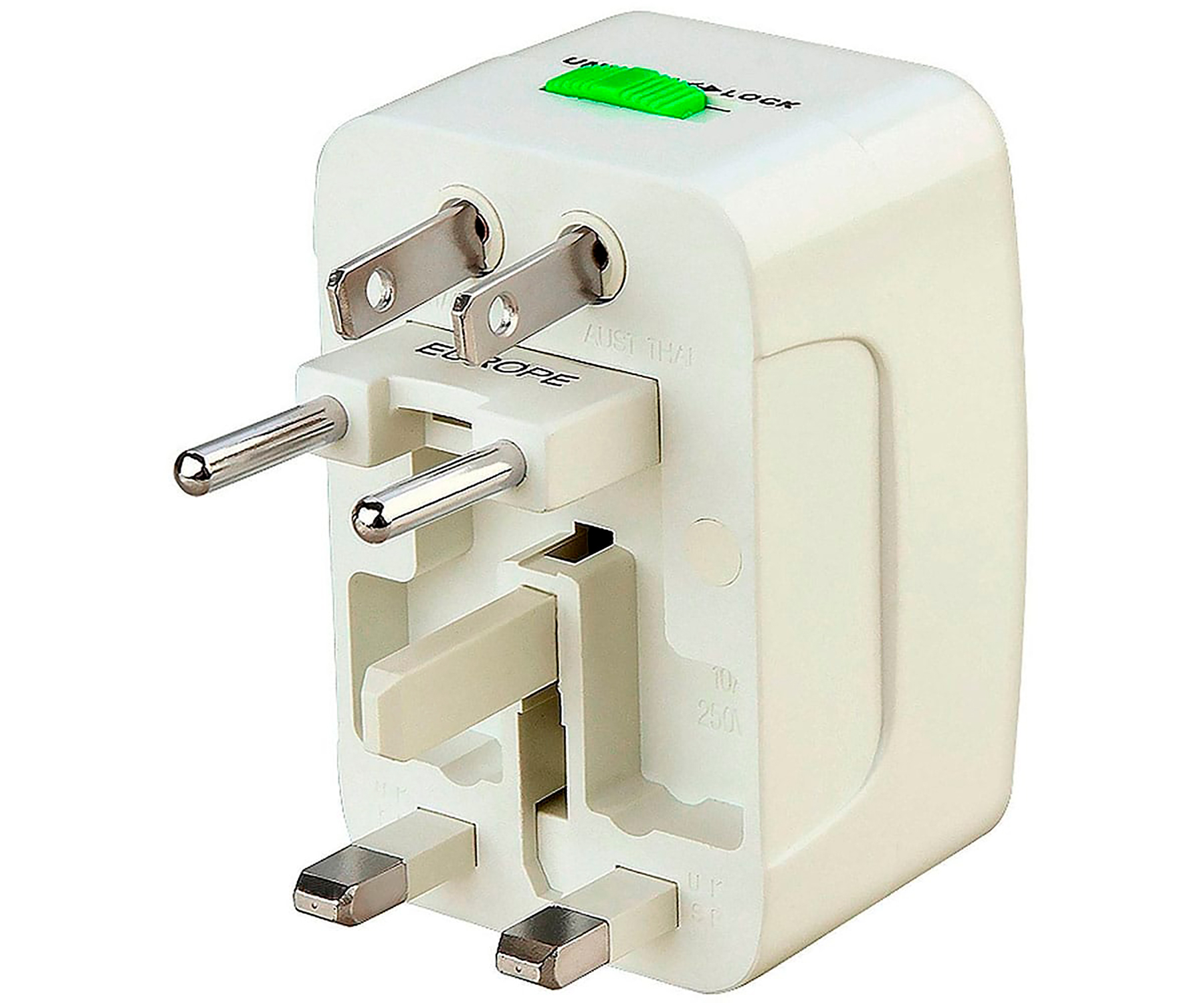 Un adattatore da viaggio bianco e grigio con più configurazioni di spina e un pulsante verde di sblocco/blocco.