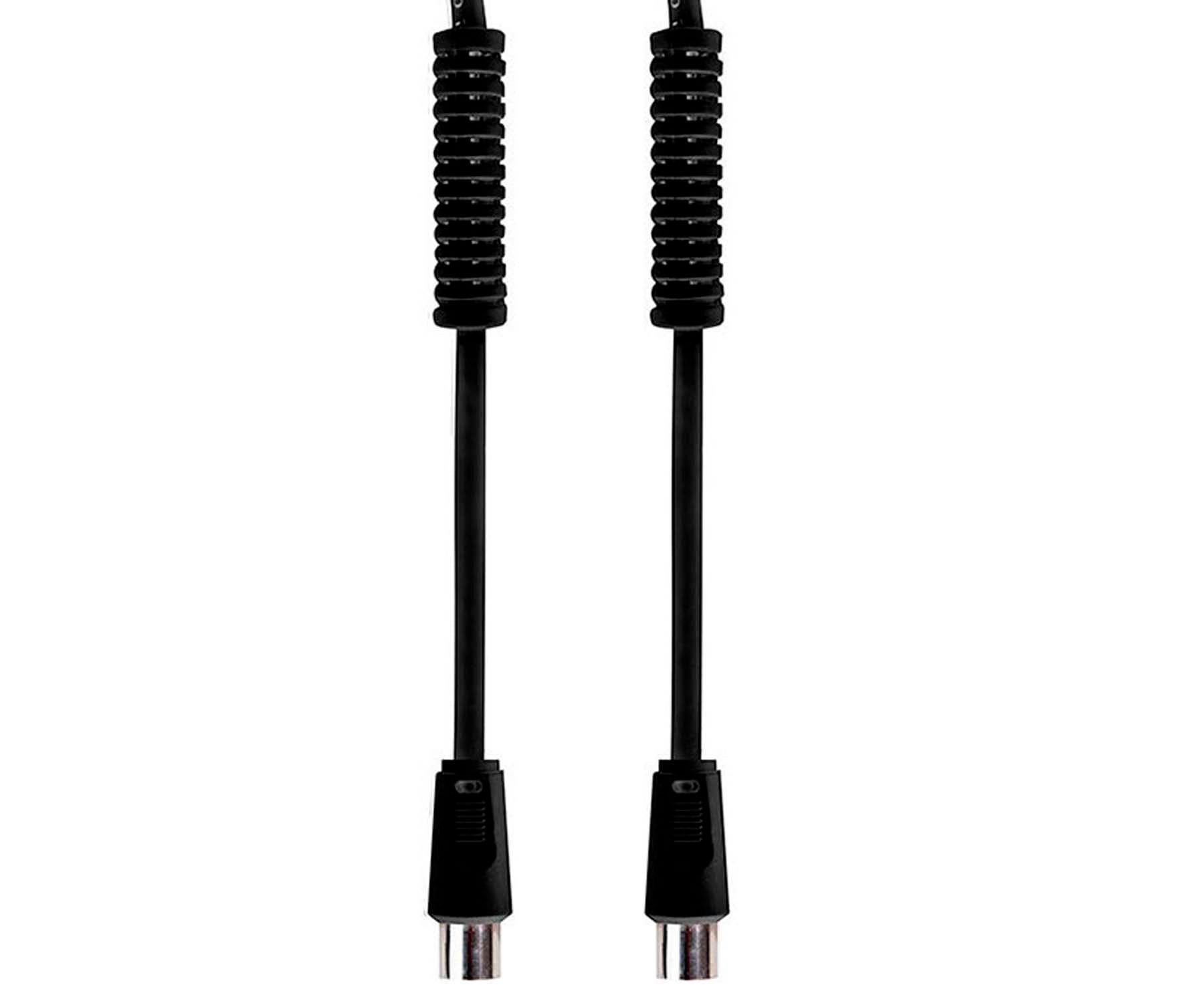 Dos cables coaxiales negros con conectores cilíndricos. Tienen secciones corrugadas negras en la parte superior.