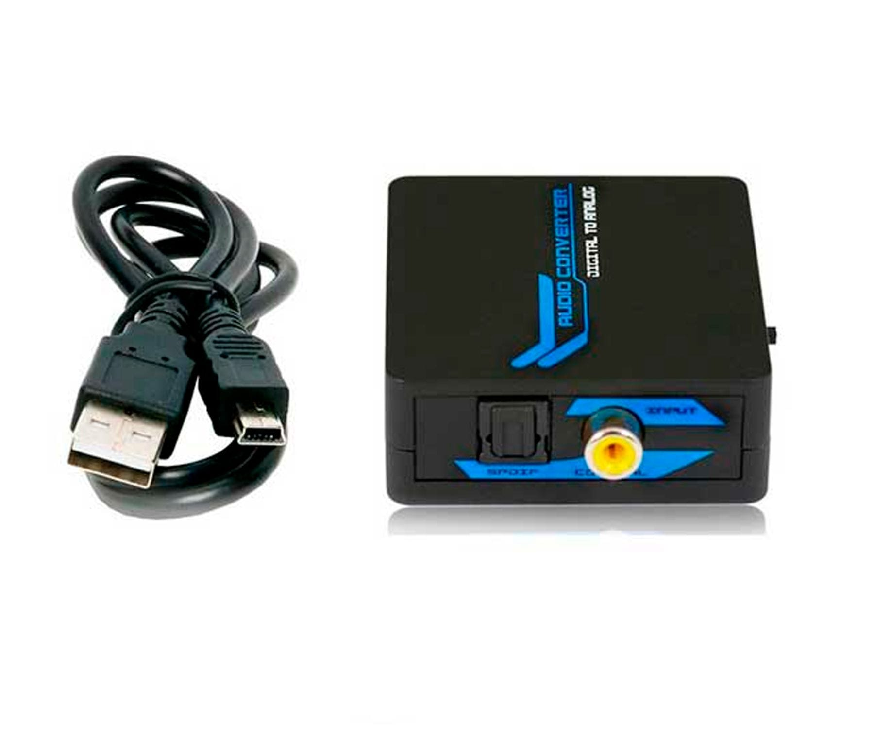 Convertidor de audio negro con cables USB y micro-USB. Acentos azules y amarillos. Texto: Digital a Analógico.