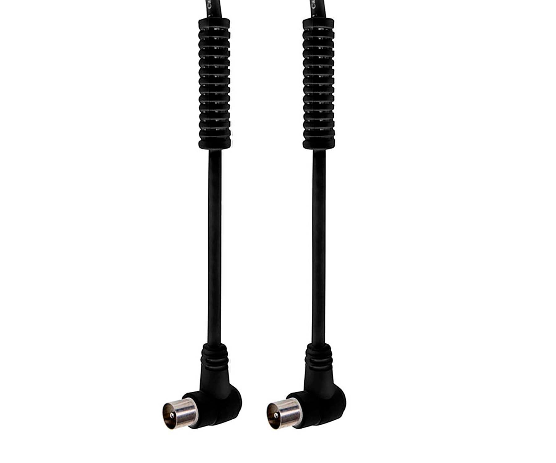 Dos cables coaxiales negros con conectores en ángulo recto. Los cables son gruesos y tienen secciones acanaladas.