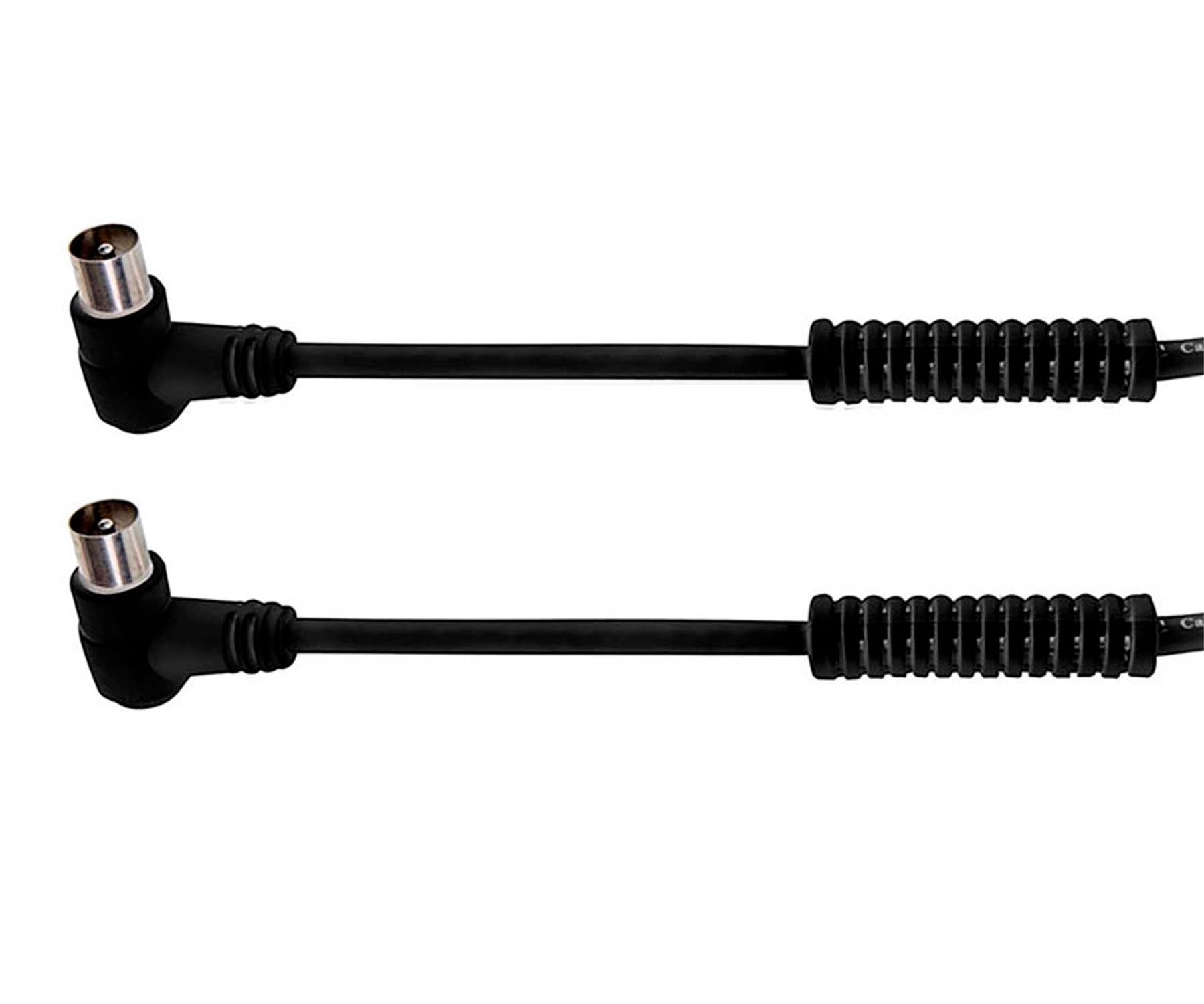 Dos cables coaxiales negros con conectores en ángulo recto sobre un fondo blanco.