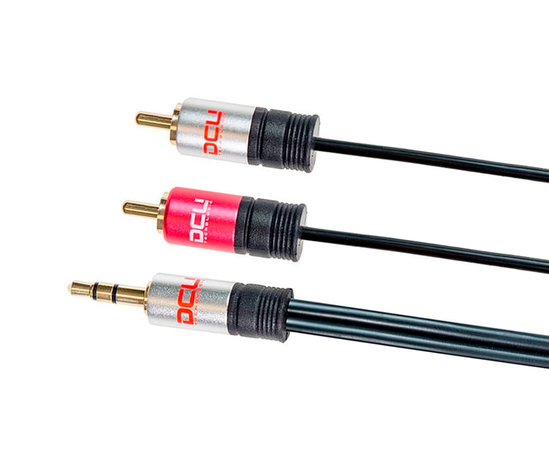 Tres cables de audio con diferentes conectores. Dos tienen plata y negro, y uno tiene rojo y plata.