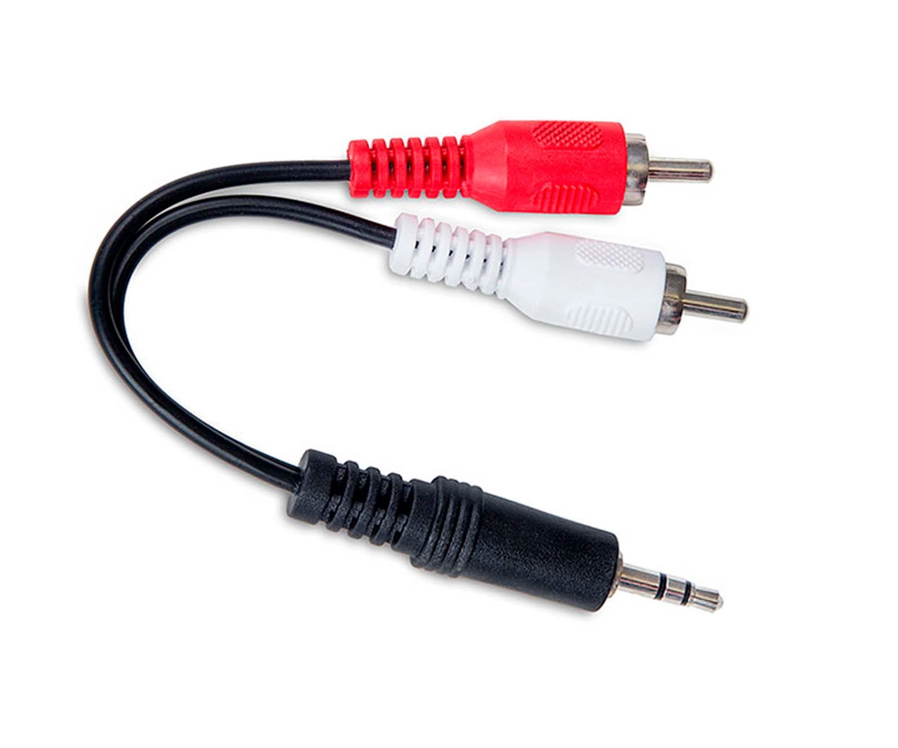 Cable de audio con un conector jack de 3,5 mm en un extremo y conectores RCA rojo/blanco en el otro.