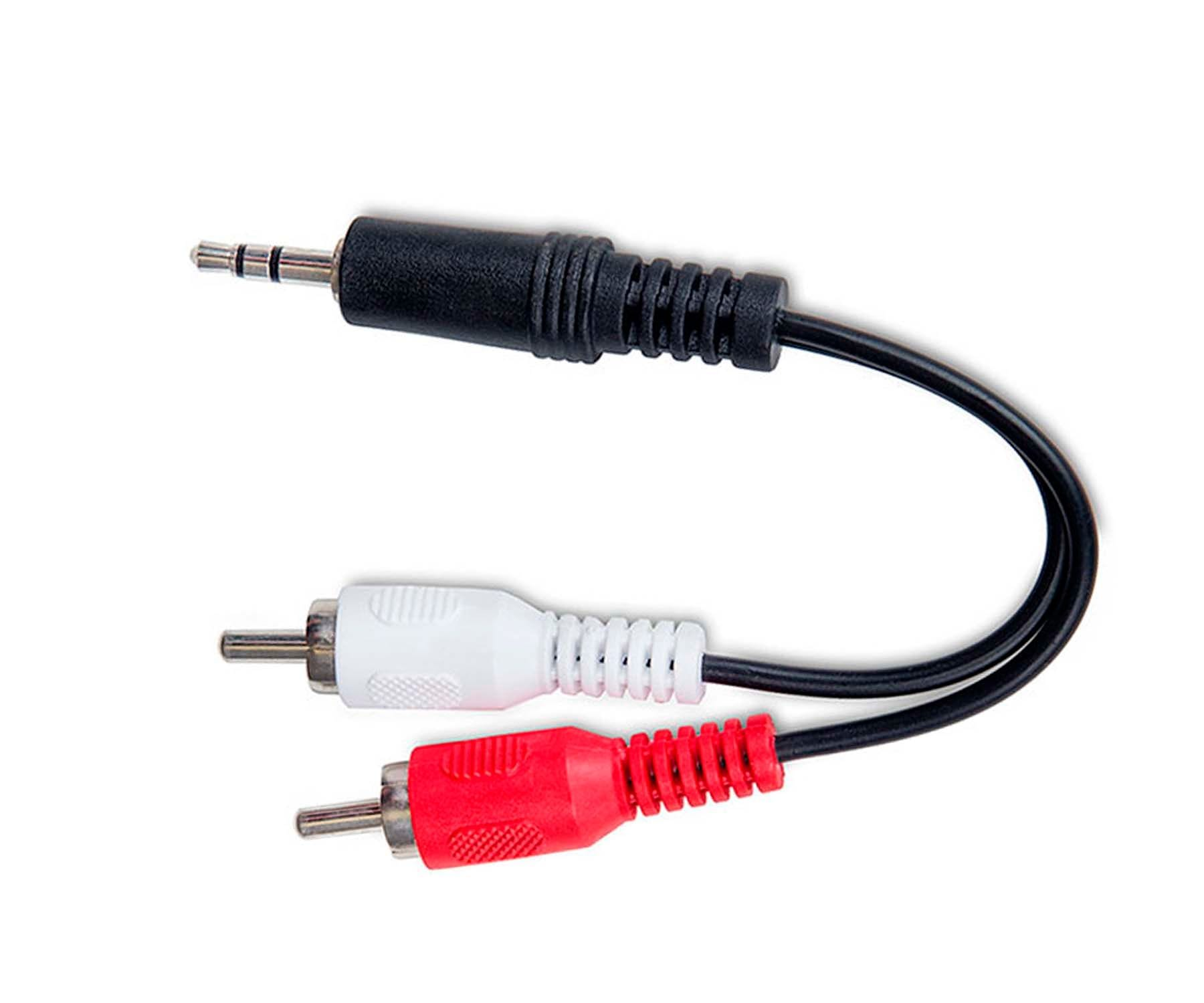 Un cable negro con conector jack de 3,5 mm y conectores RCA rojo/blanco. Fondo blanco.