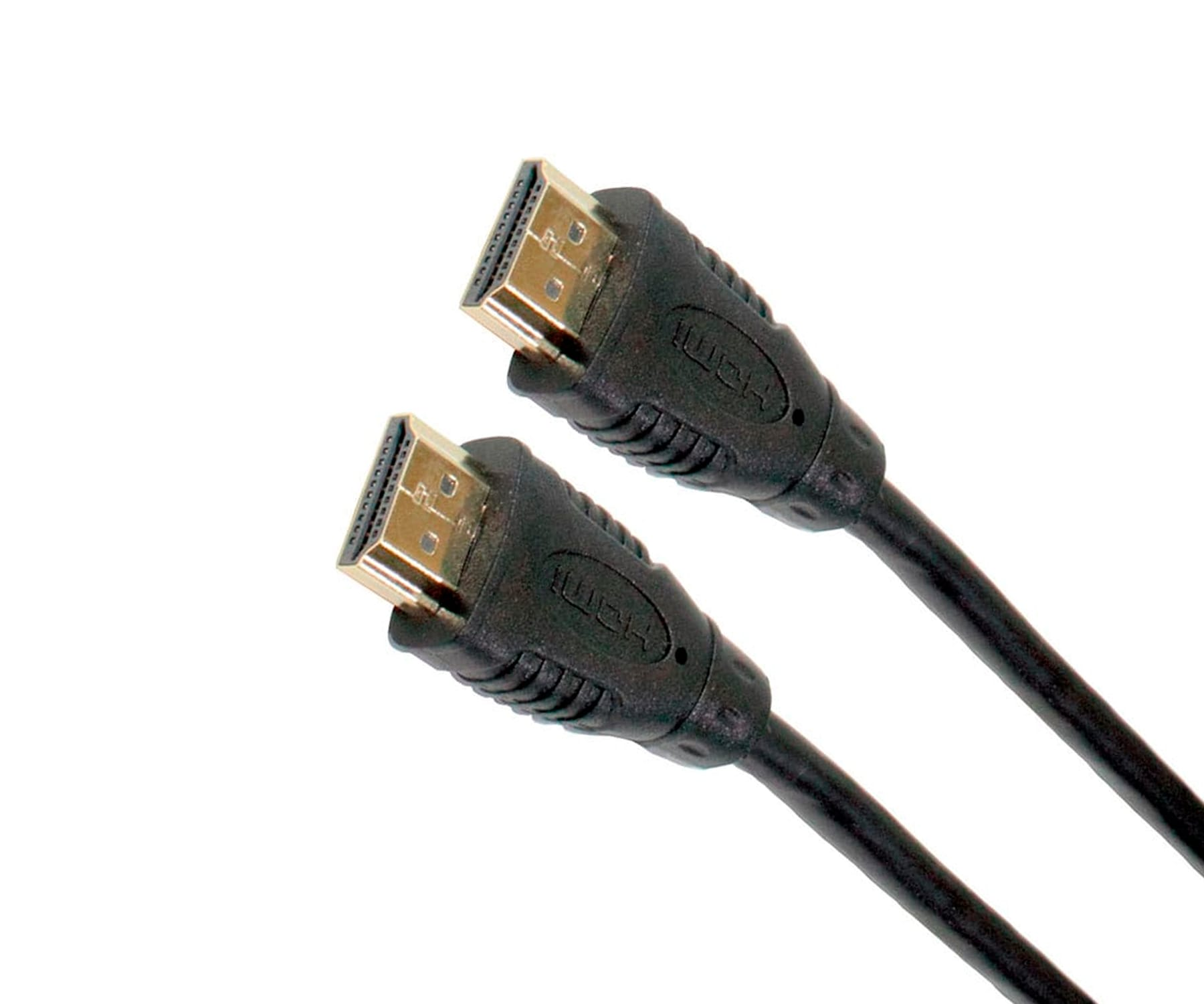 Dos cables HDMI negros sobre fondo blanco. Conectores dorados.