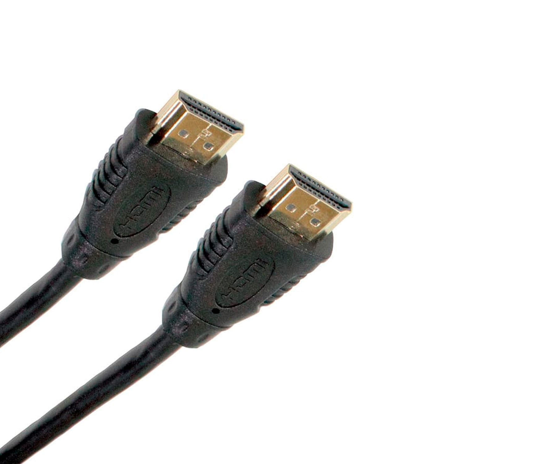 Dos cables HDMI negros con conectores dorados sobre fondo blanco.