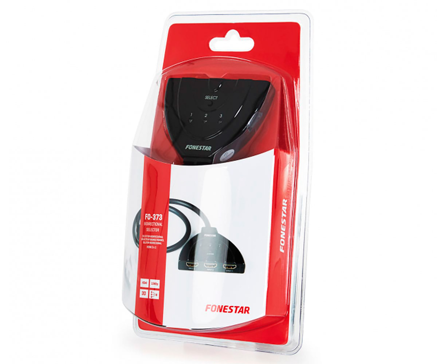 Un selector HDMI negro en un paquete rojo y blanco, con un frontal de plástico transparente.