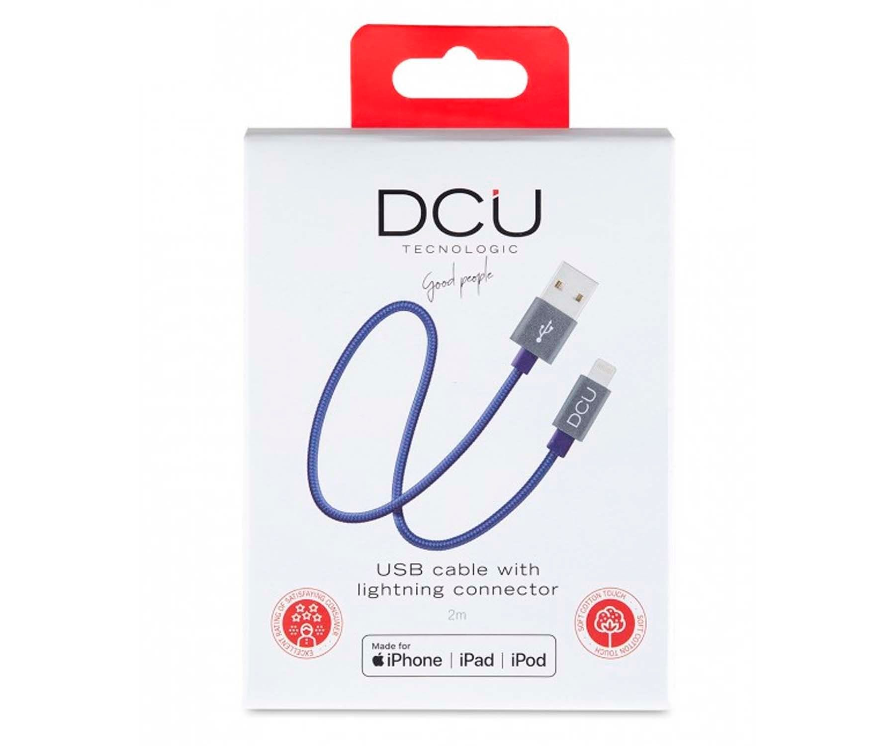 Cable USB en caja blanca, con texto 'DCU Technologic' y 'cable USB'.