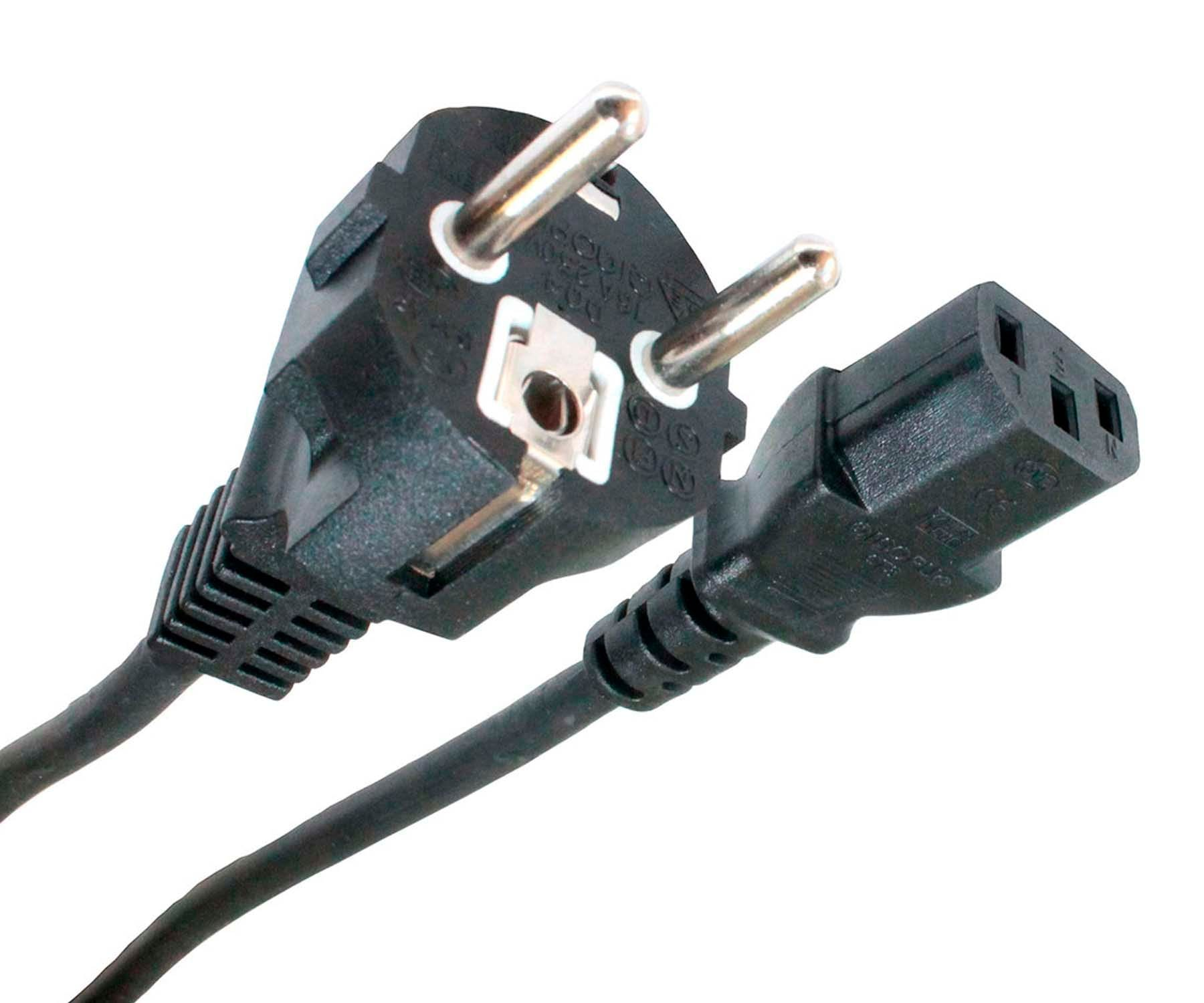 Cable de alimentación negro con enchufe europeo y conector hembra separado en el otro extremo.