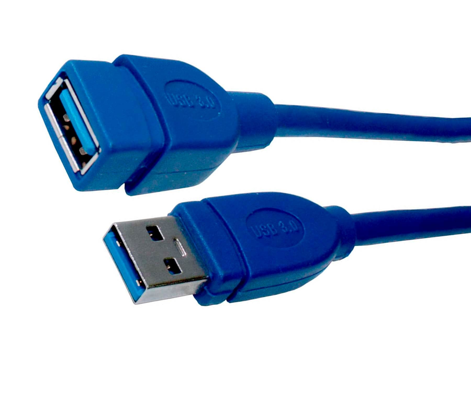 Cable USB 3.0 azul. Un extremo es USB estándar, el otro es un puerto USB 3.0. Fondo blanco.