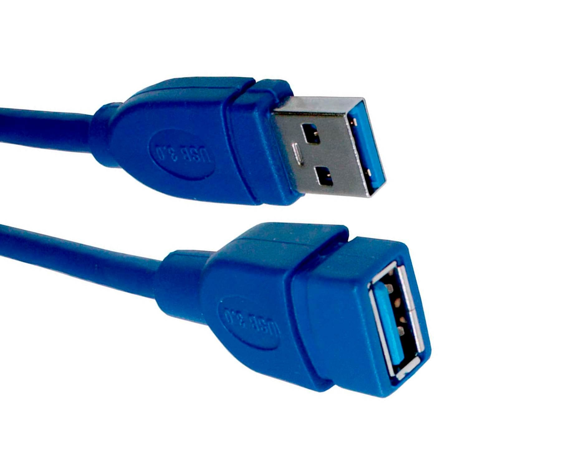 Un cable USB 3.0 azul con conector macho y hembra. Los conectores son cuadrados con plástico azul.