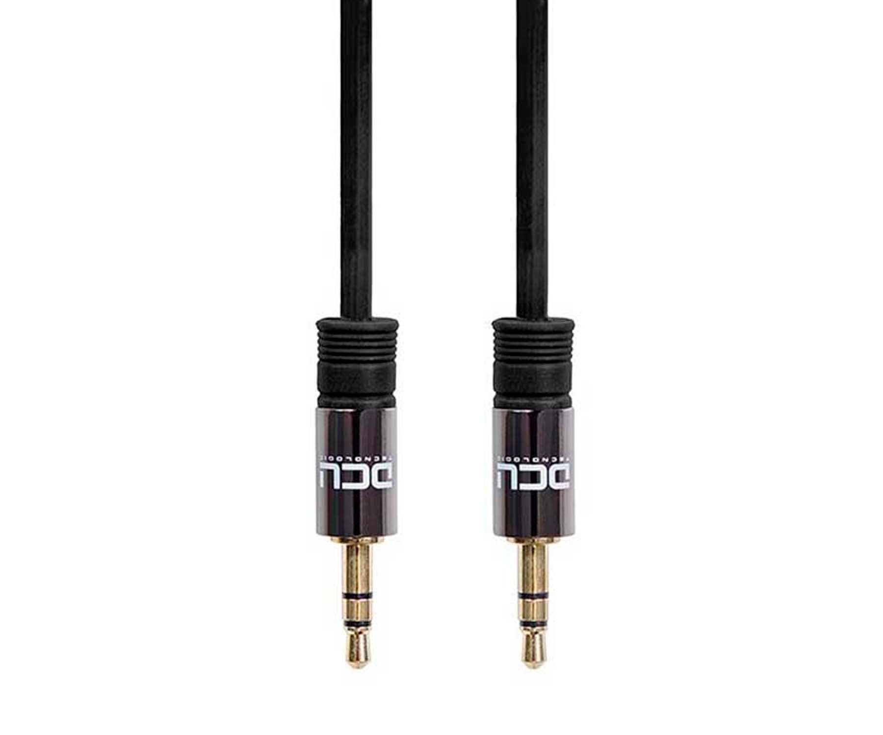 Due cavi jack audio neri con punte color oro. I cavi hanno scritte bianche.