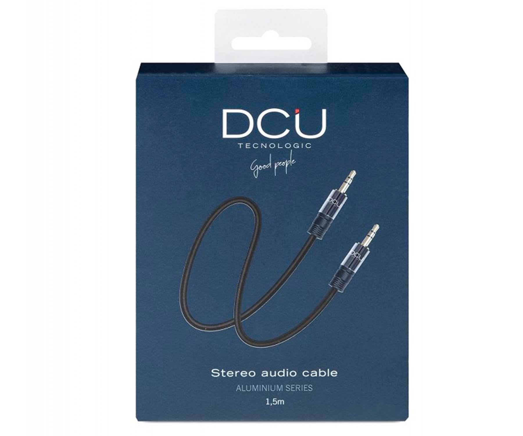 Cavo audio nero in scatola blu. Il testo recita 'Cavo audio stereo' e 'DCU Tecnologic'.