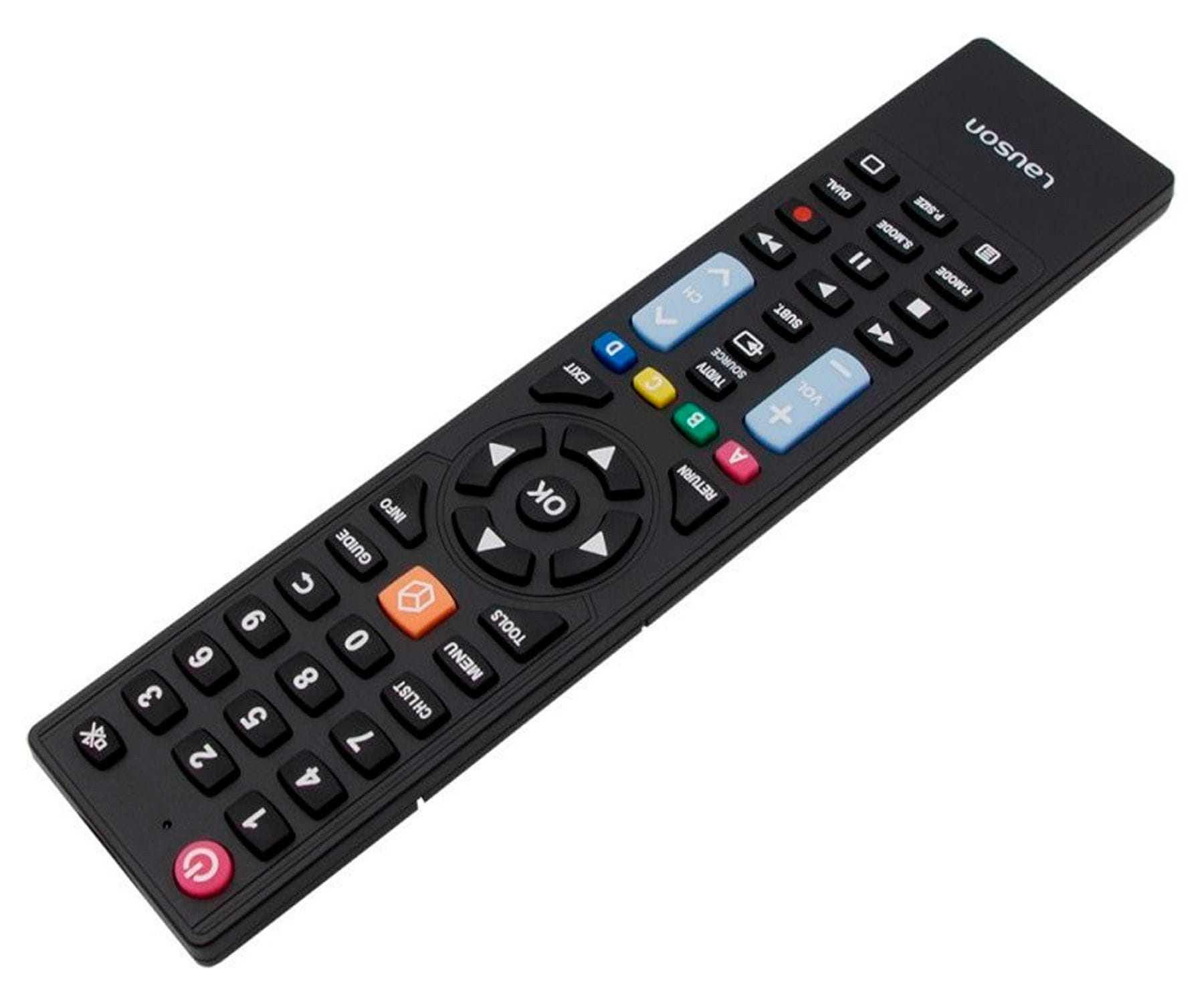 Mando a distancia negro con muchos botones, incluyendo botones numéricos y direccionales.