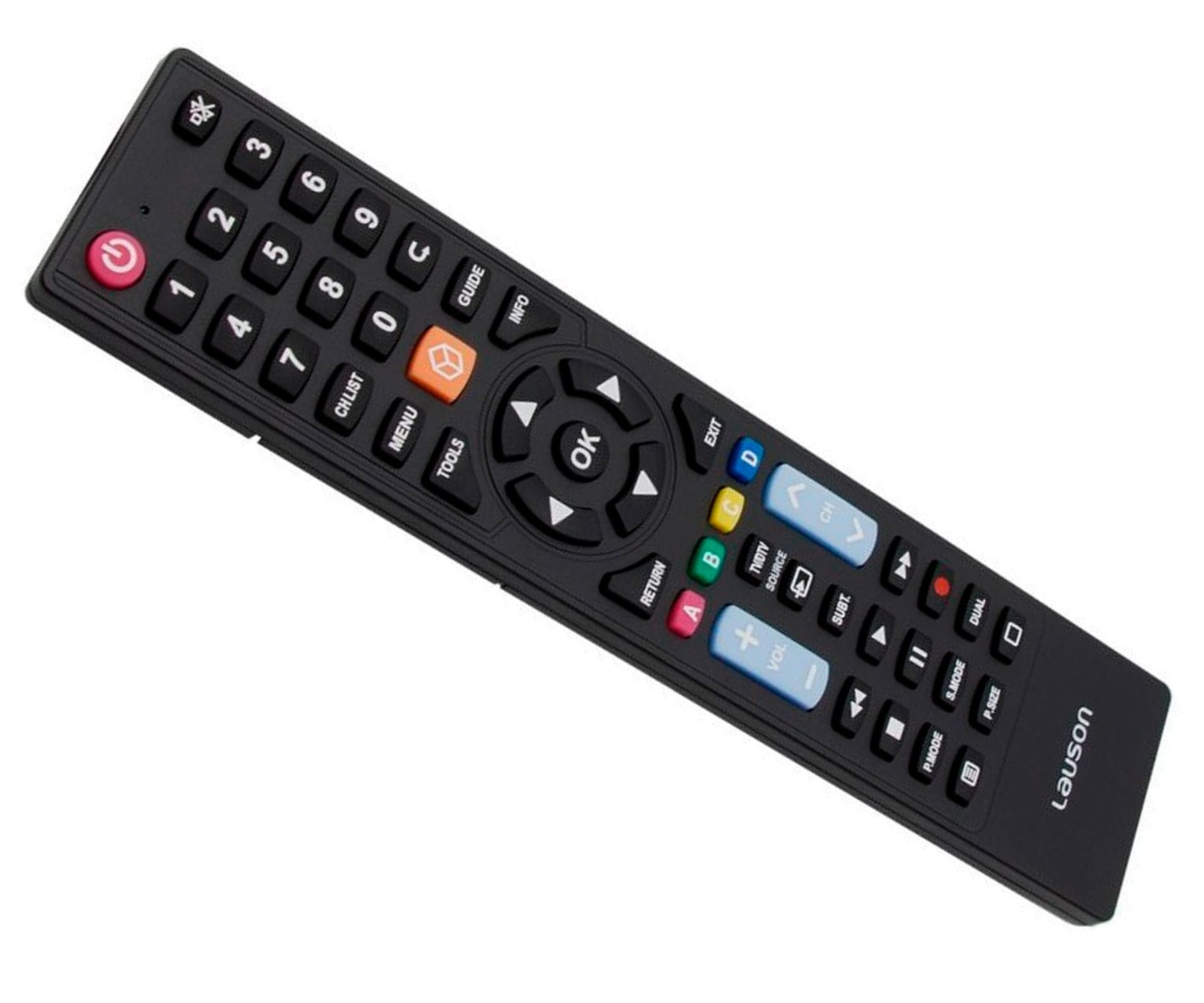 Mando a distancia de TV negro con varios botones. La marca es 'Lauson'.