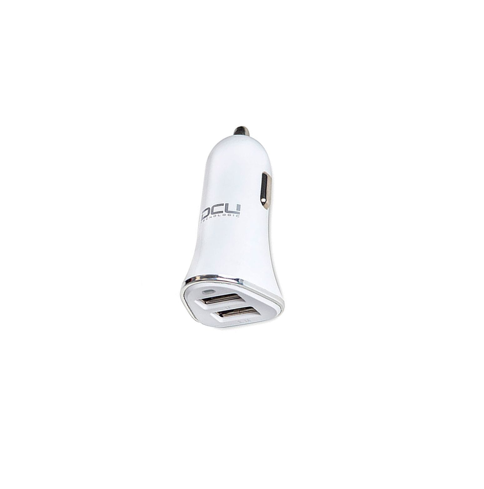 Cargador de coche blanco con dos puertos USB. Tiene un detalle metálico y el logo 'OCU'.