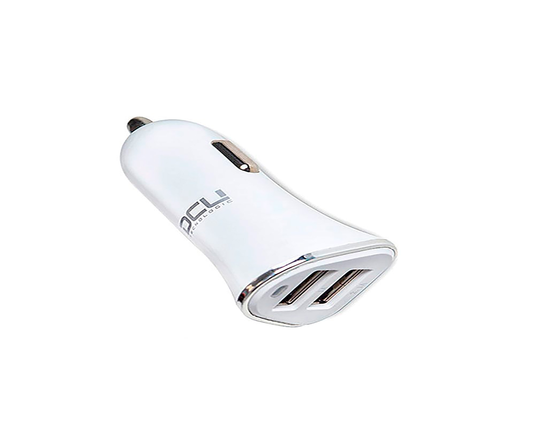 Cargador de coche blanco con dos puertos USB, detalles plateados y un logo.