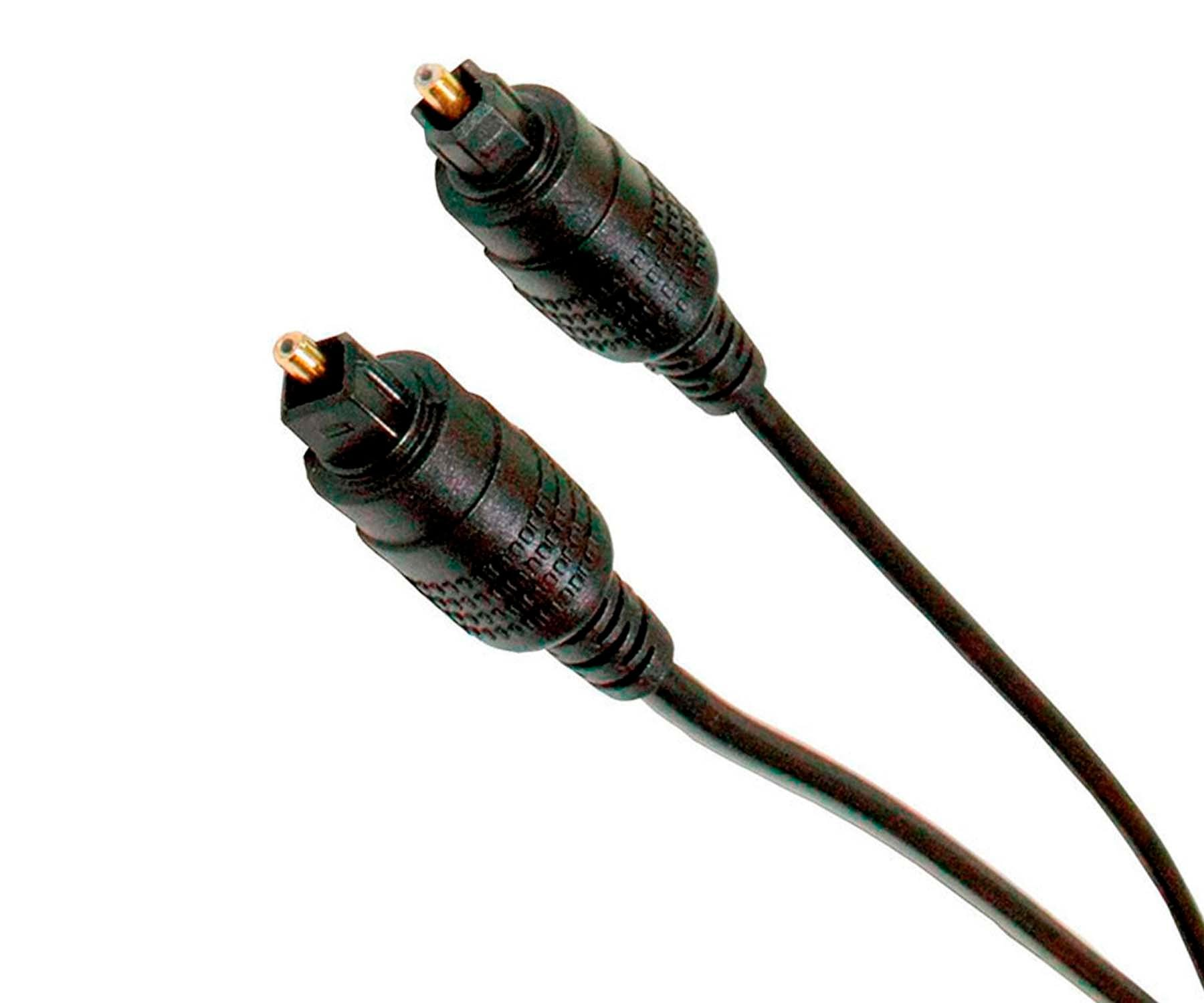 Dos cables de audio ópticos negros con conectores dorados. Aislados sobre blanco.
