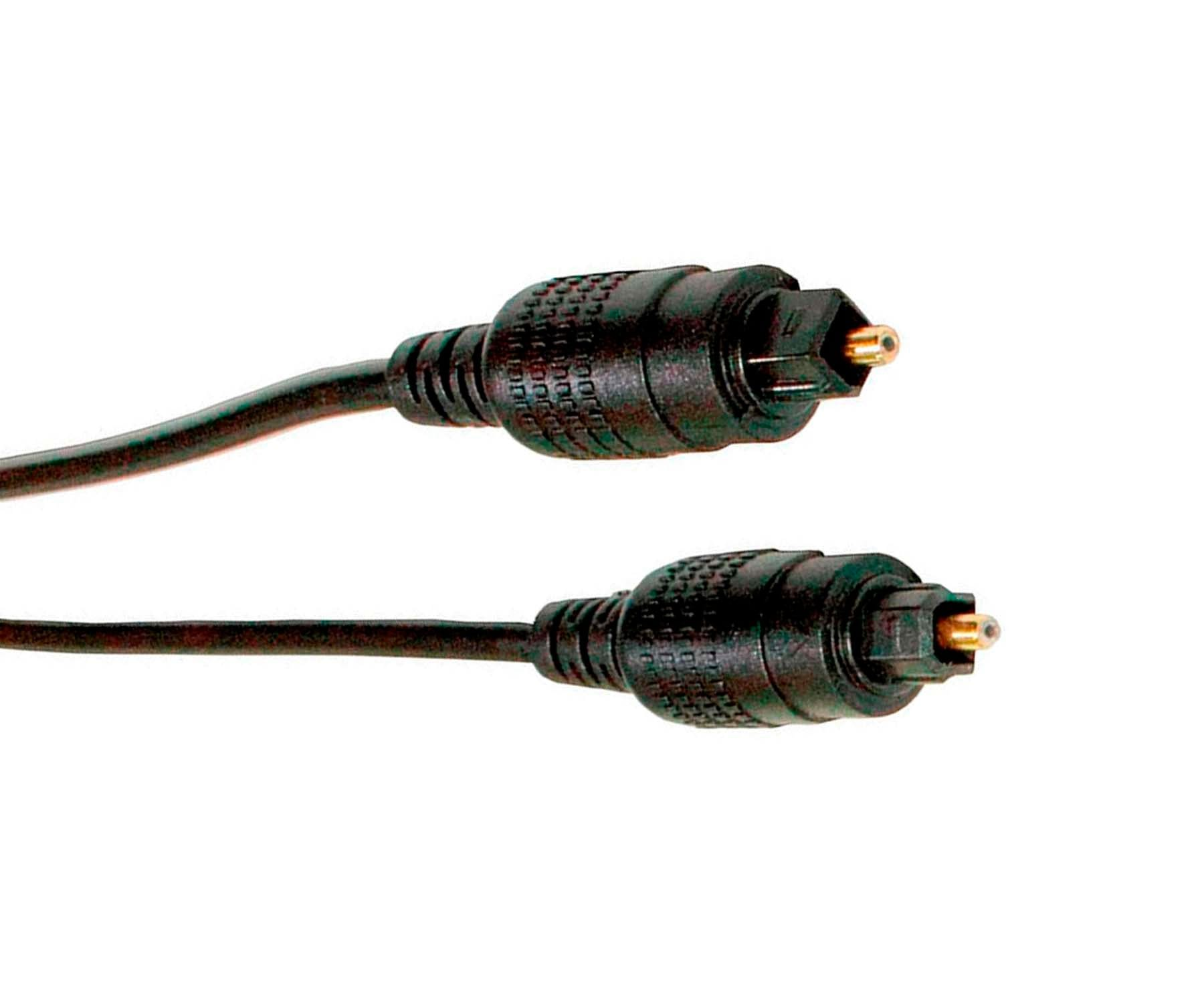 Dos cables de fibra óptica negros con conectores en cada extremo, colocados contra un fondo blanco.
