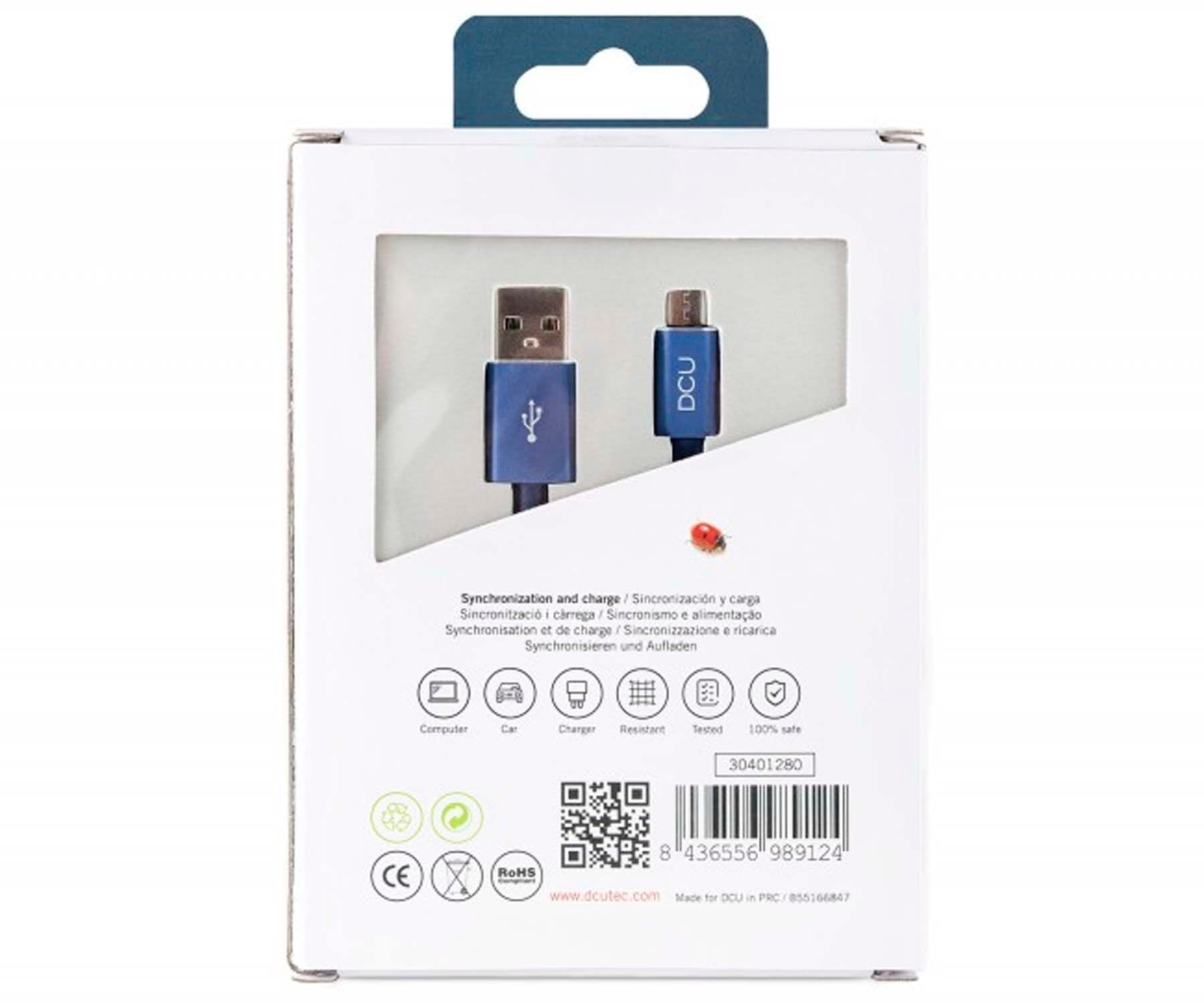 Un cable USB a micro USB en un paquete, con texto e iconos.