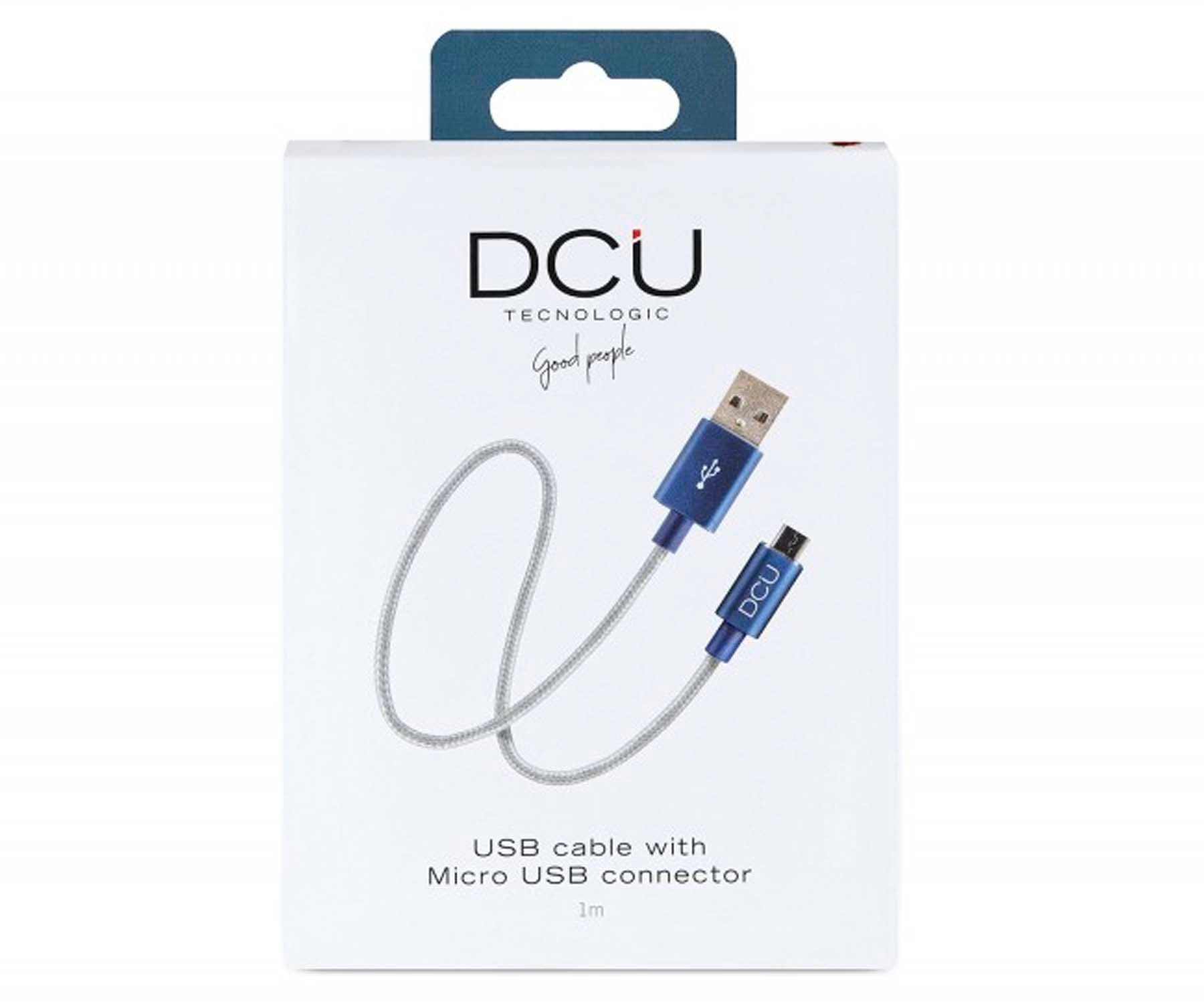 Caja blanca con cable USB y conector Micro USB, etiquetada con 'DCU TECNOLOGIC'.