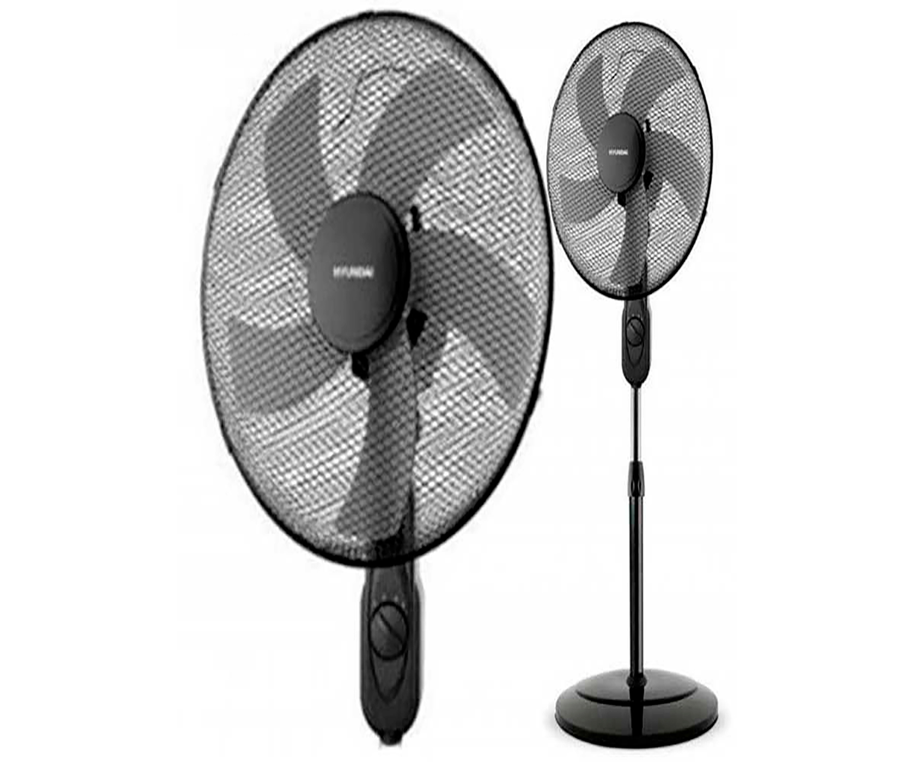 Dos ventiladores HYUNDAI negros, uno de pie sobre un pedestal.