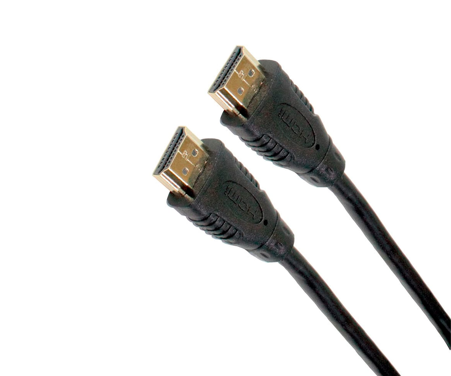 Dos cables HDMI negros con conectores dorados sobre fondo blanco.