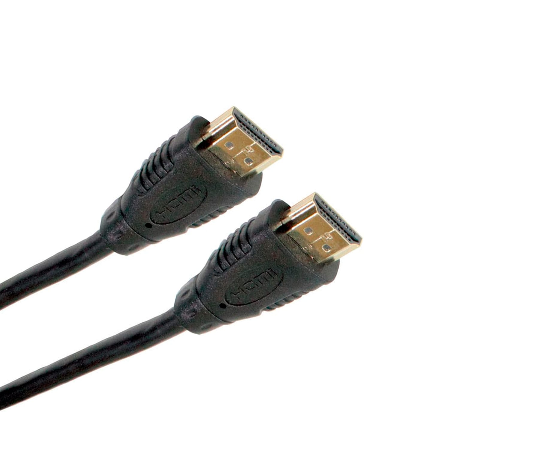 Dos cables HDMI con conectores dorados sobre fondo blanco.