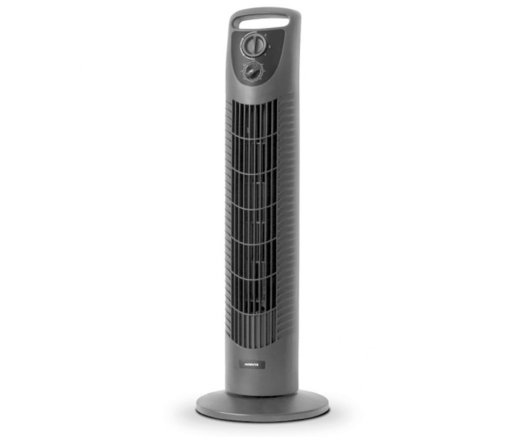Ventilador de torre gris. Diseño alto y delgado con base redonda. Dos botones de control en la parte superior.