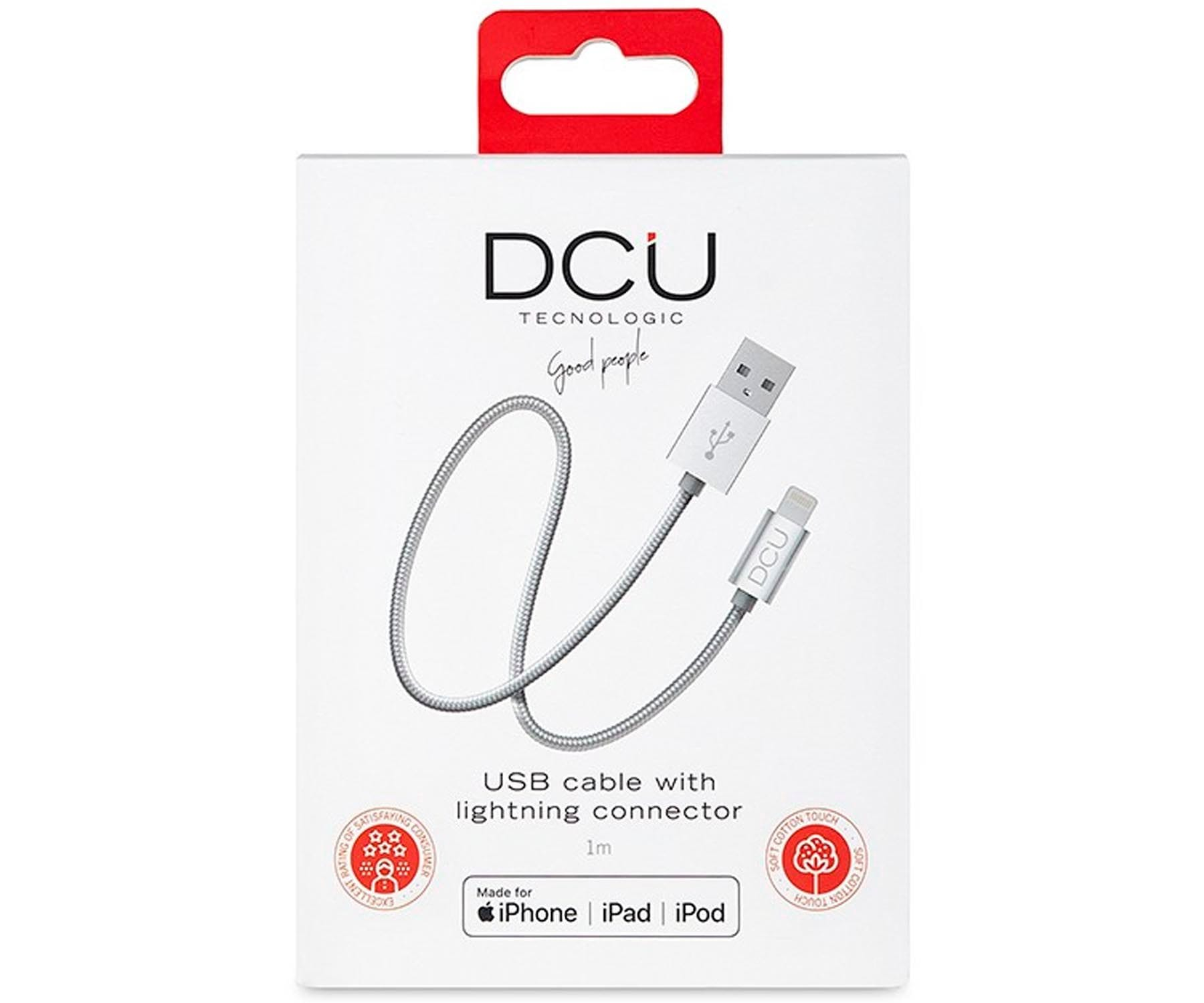 Cable USB en caja DCU con conector lightning, hecho para iPhone, iPad e iPod.