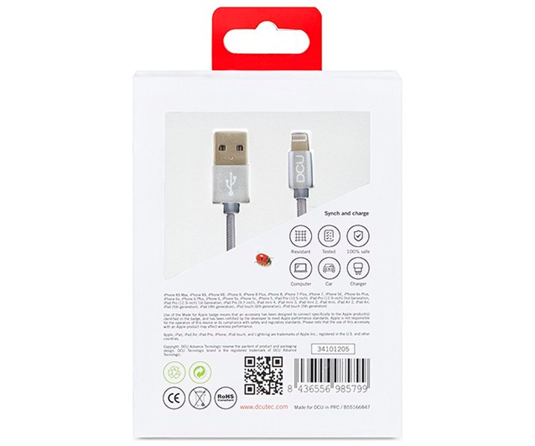 Parte trasera de una caja de producto con texto e iconos. Incluye un cable USB. Fondo blanco.