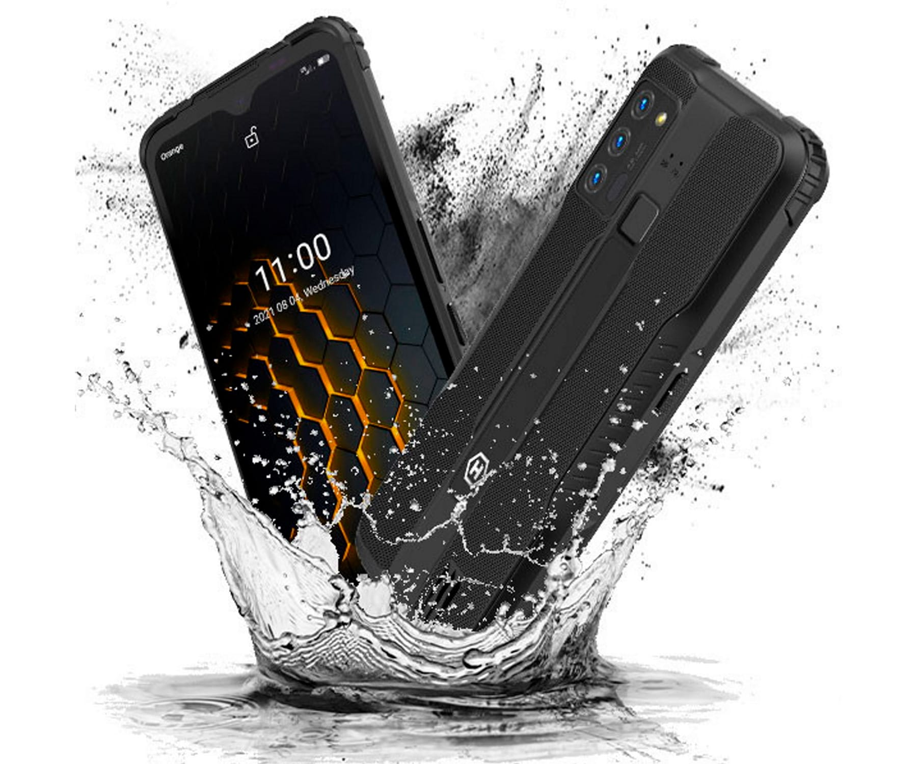Zwei schwarze, robuste Telefone mit spritzendem Wasser. Ein Telefon zeigt 11:00 Uhr.