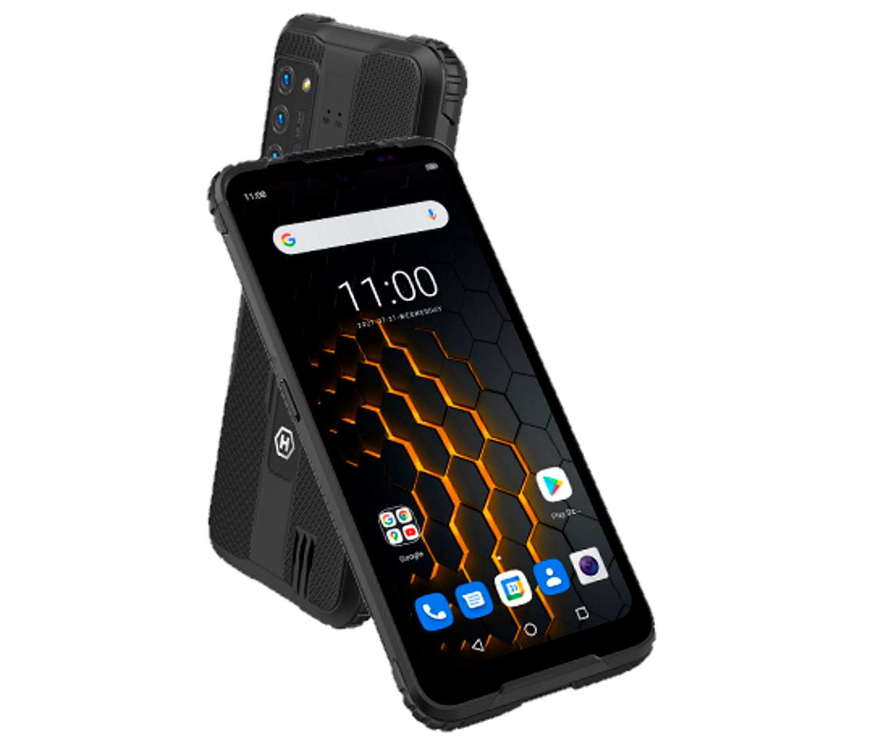 Ein schwarzes Telefon mit Wabenmuster, auf einem anderen. Der Bildschirm zeigt eine Oberfläche.