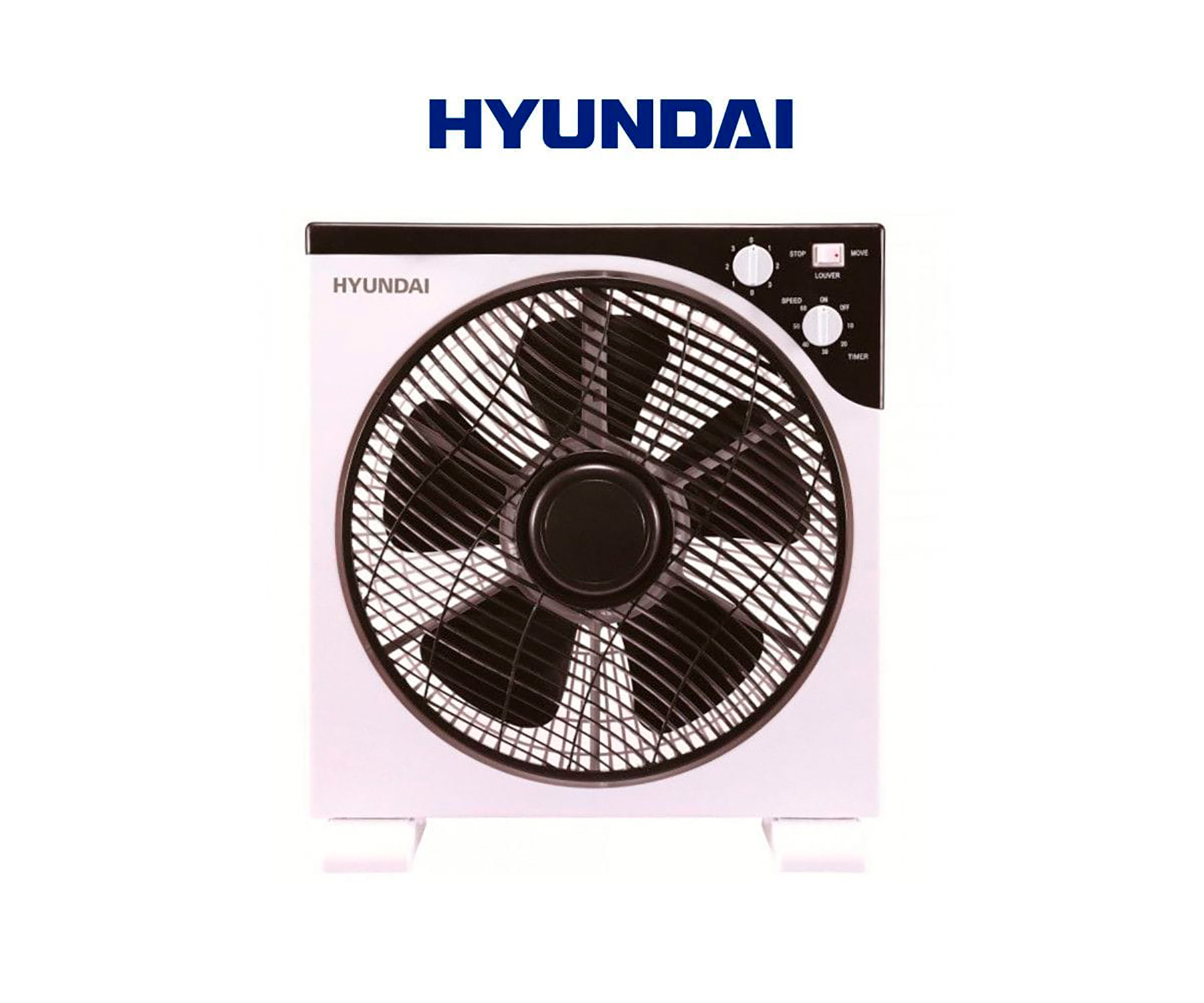 Ventilador cuadrado Hyundai blanco. Aspas negras y panel de control. Logotipo Hyundai visible.