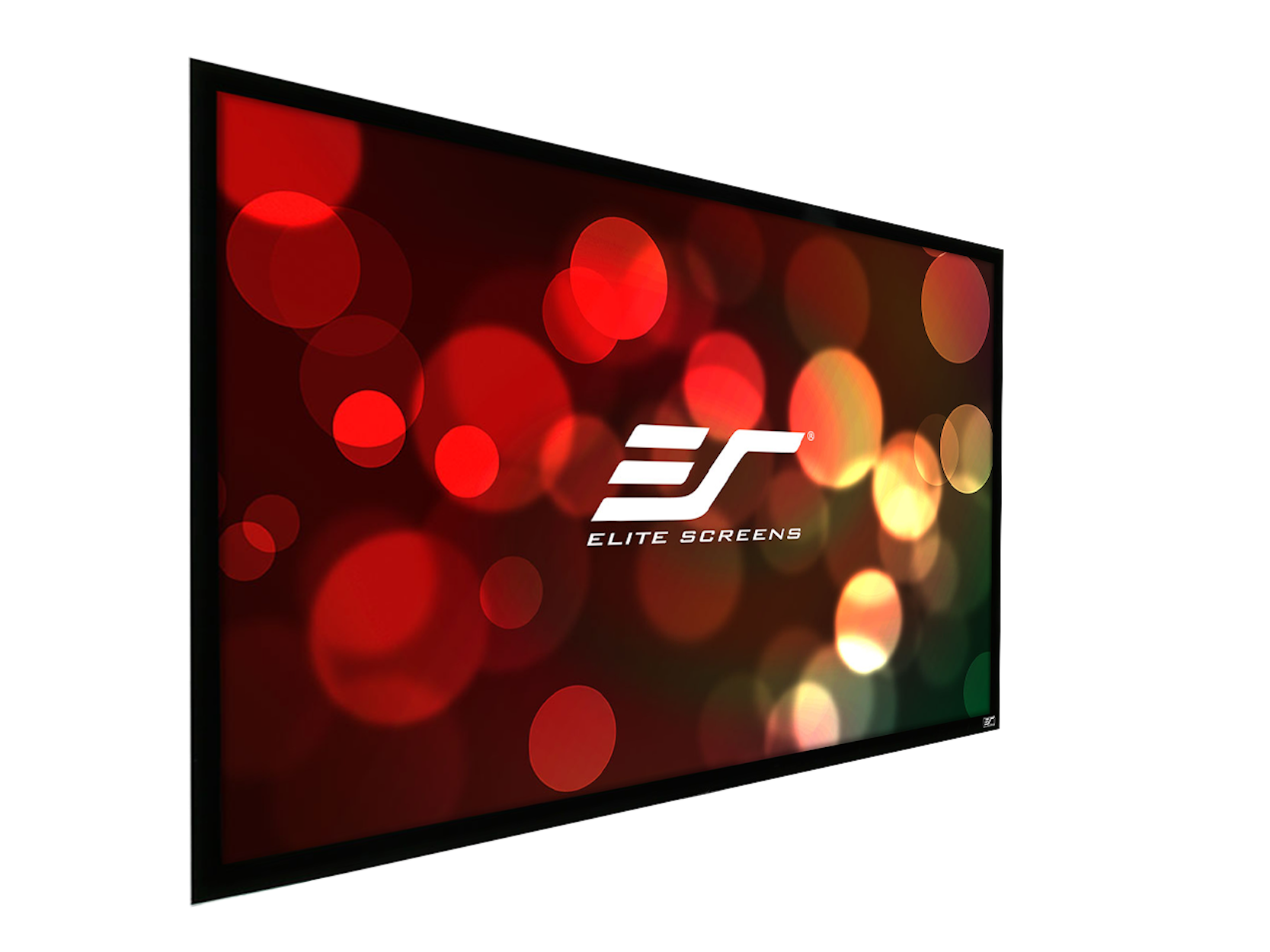 Ein schwarz gerahmter Bildschirm zeigt das Elite Screens Logo mit rotem und Bokeh-Hintergrund.