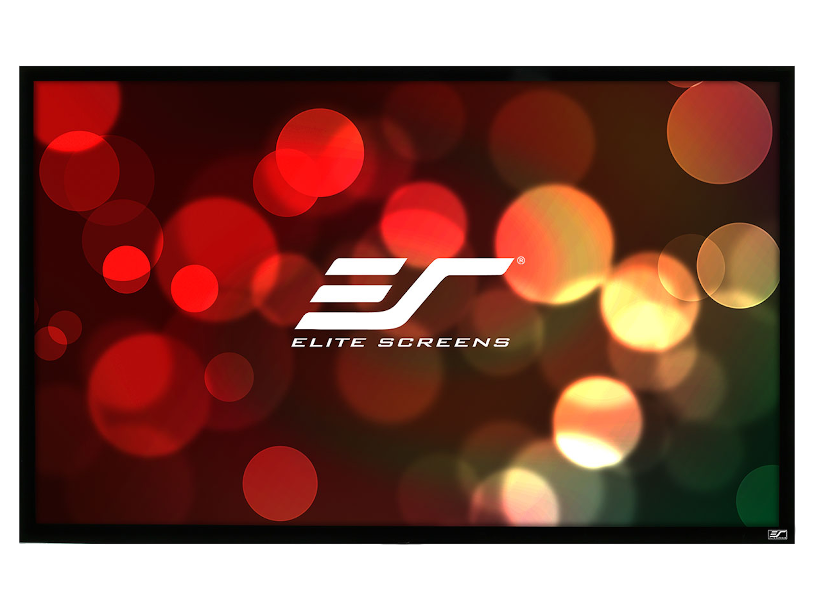 Elite Screens Logo auf einem Bildschirm mit einem Bokeh-Hintergrund aus roten, orangefarbenen und gelben Kreisen.