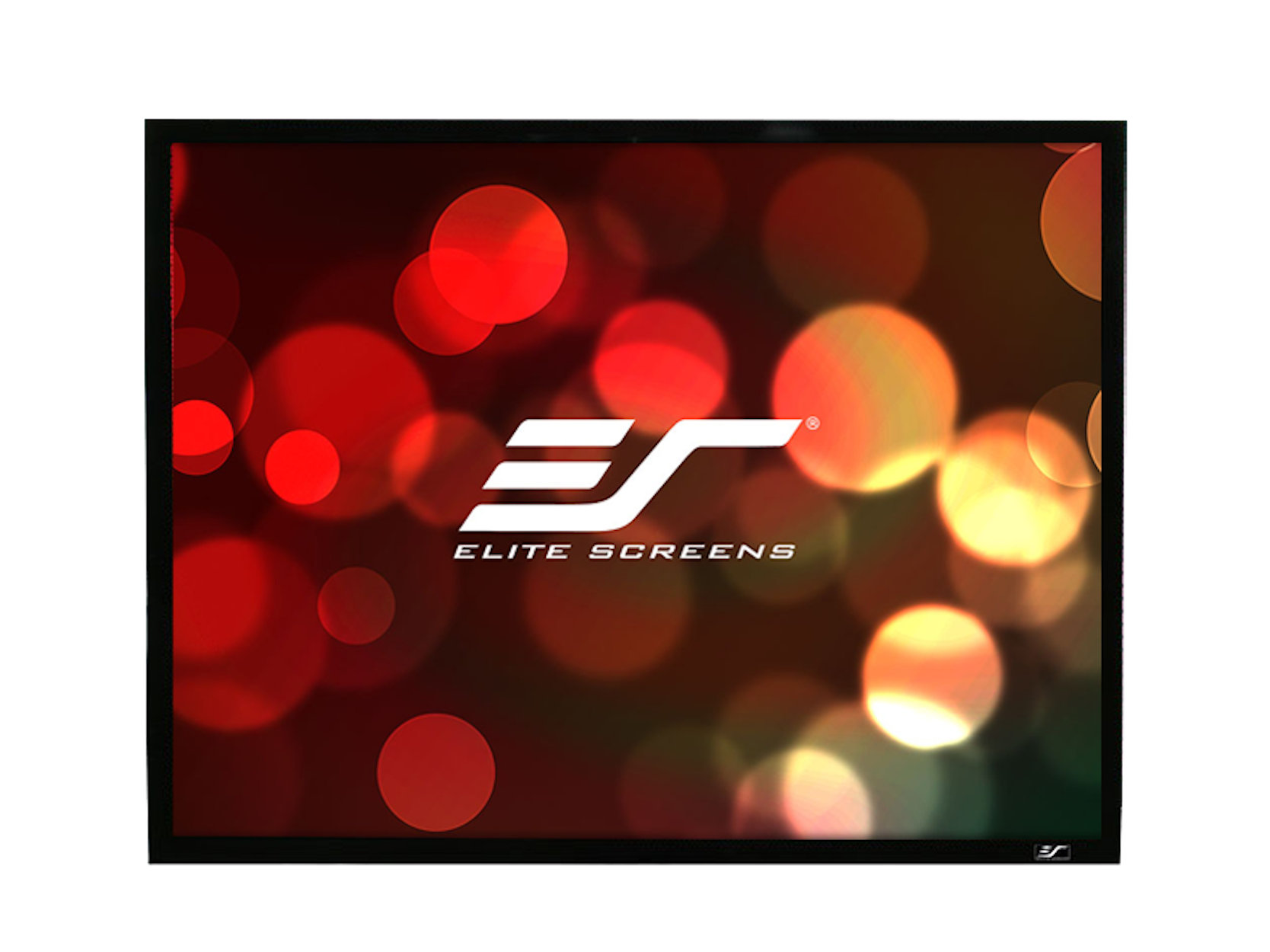 Projektorleinwand mit Logo und Bokeh-Hintergrund. Der Bildschirm ist in einem schwarzen Rahmen.