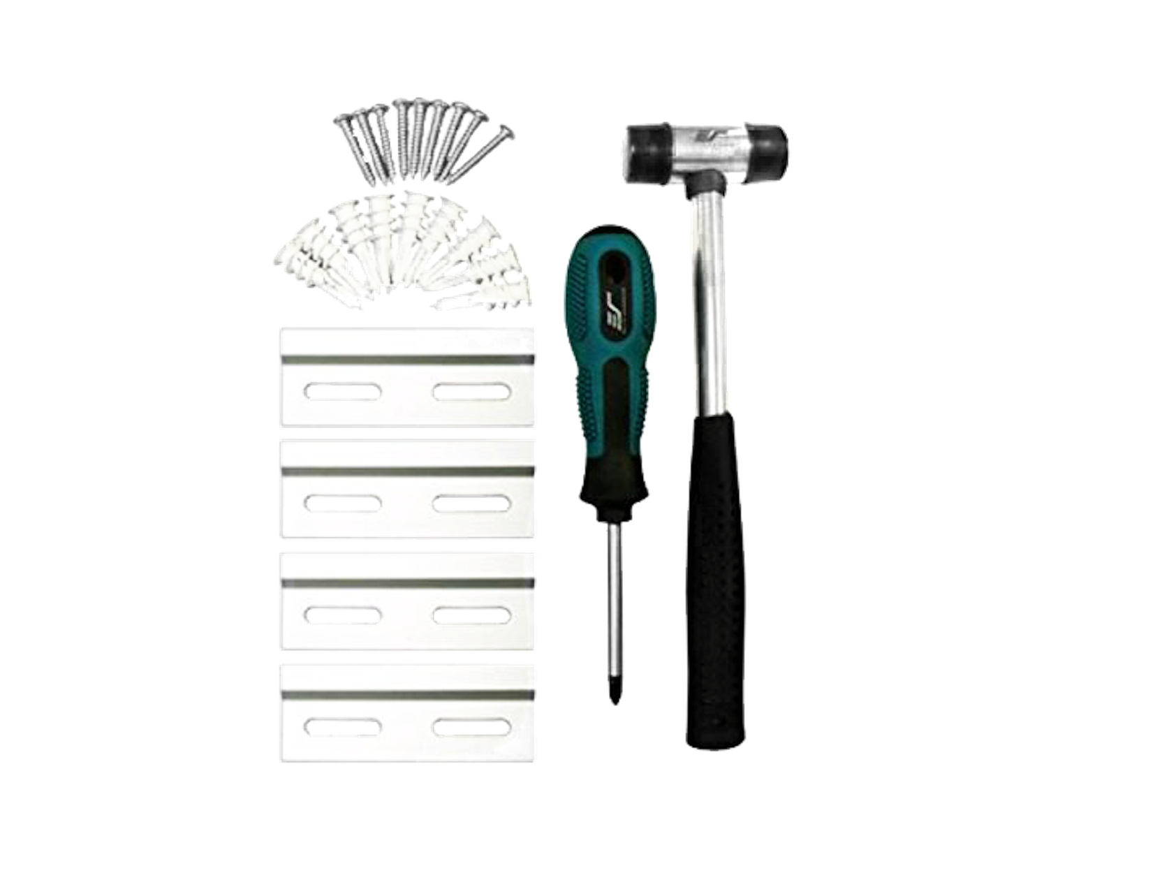 Herramientas de hardware: tornillos, tacos de pared, un destornillador y un mazo de goma.