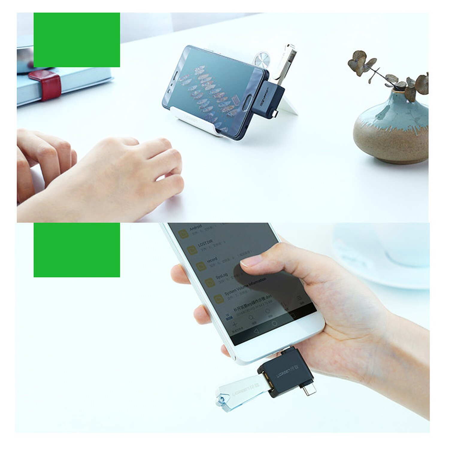 Zwei Bilder, die ein Telefon zeigen, das mit einem USB-Adapter verbunden ist, und eine Hand, die es benutzt.
