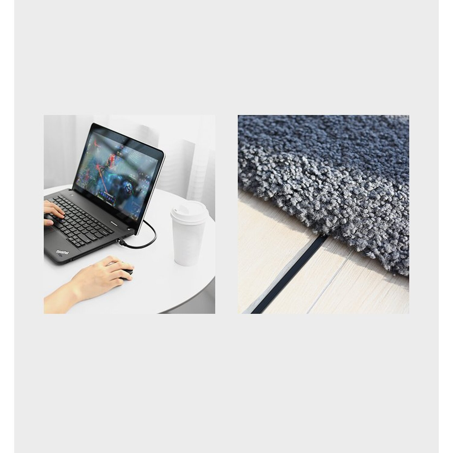 Laptop na stole z filiżanką kawy i osobą używającą myszy. Dywan w tle.