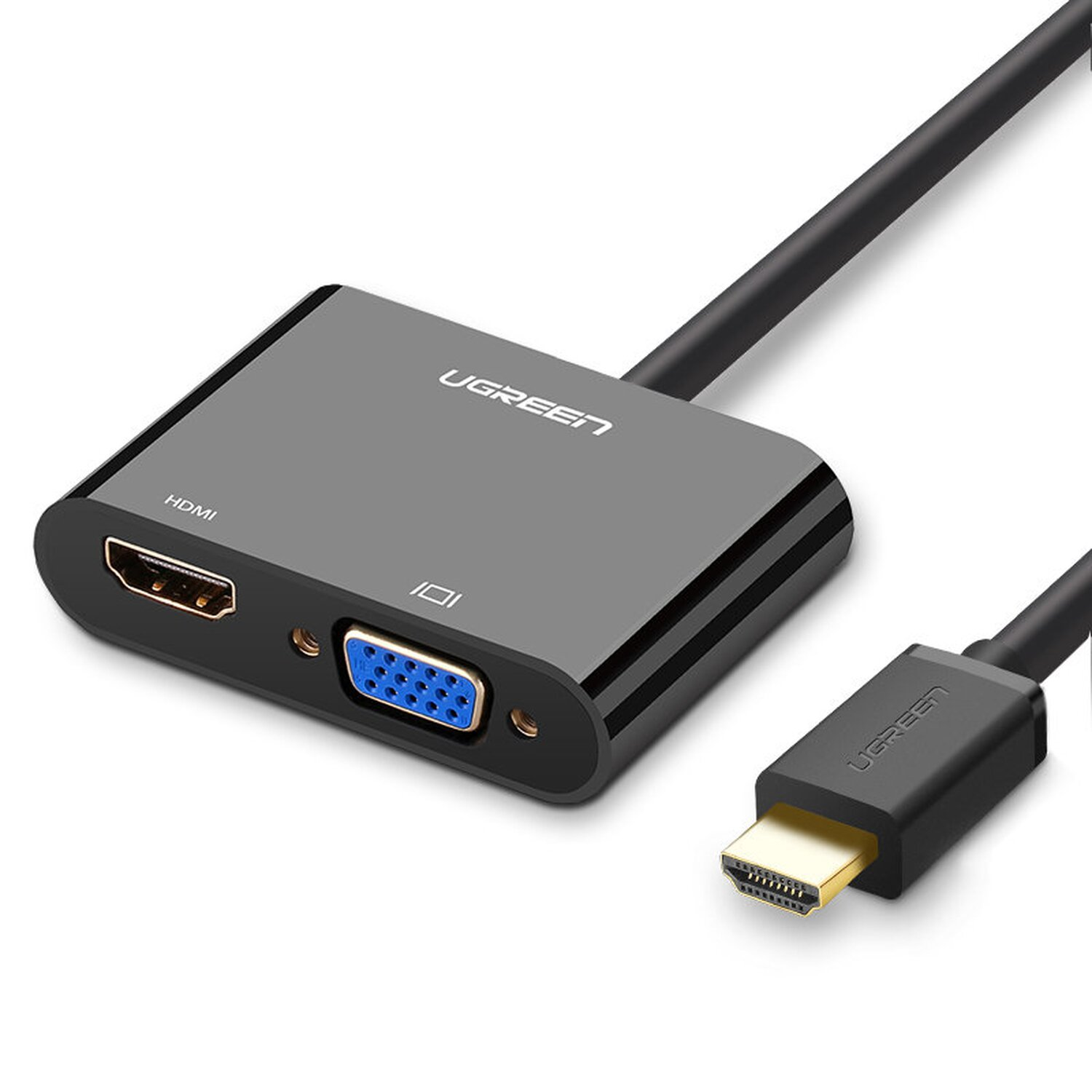 HDMI-zu-VGA-Adapter mit angeschlossenen Kabeln. UGREEN ist aufgedruckt.