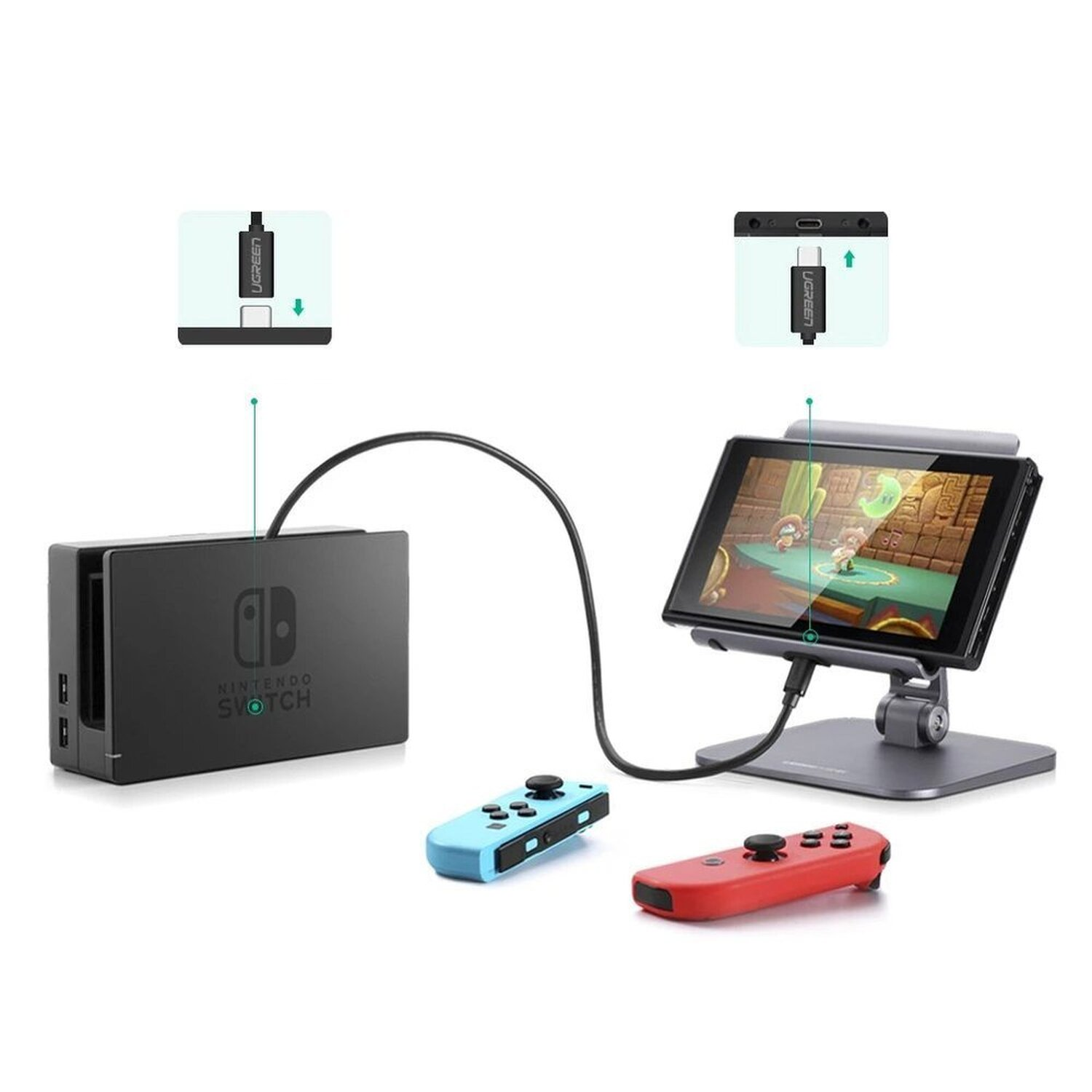 Een Nintendo Switch-console aangesloten op een monitor en controllers.