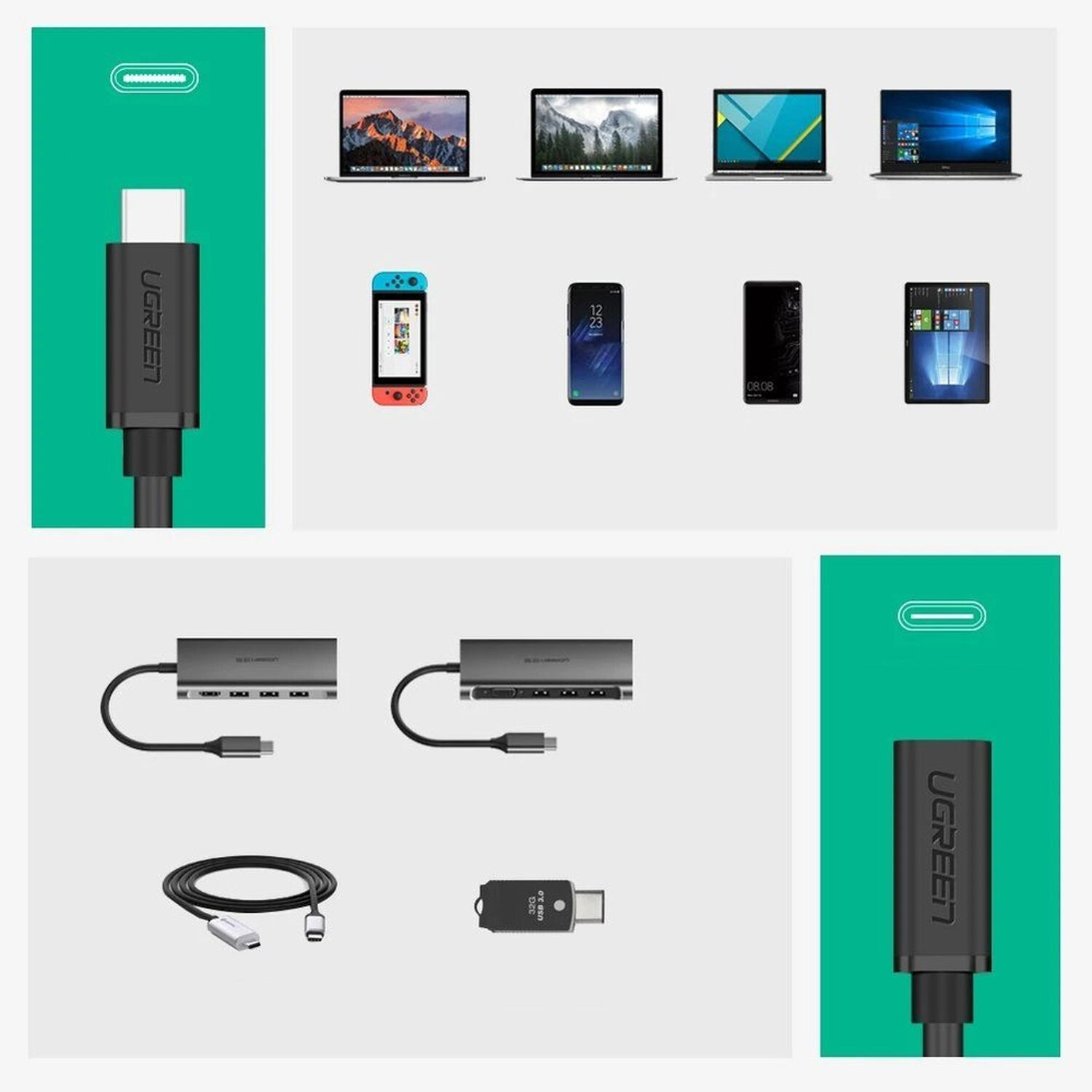 Een verzameling elektronische apparaten en kabels tegen een groene achtergrond, met een USB-C-kabel.