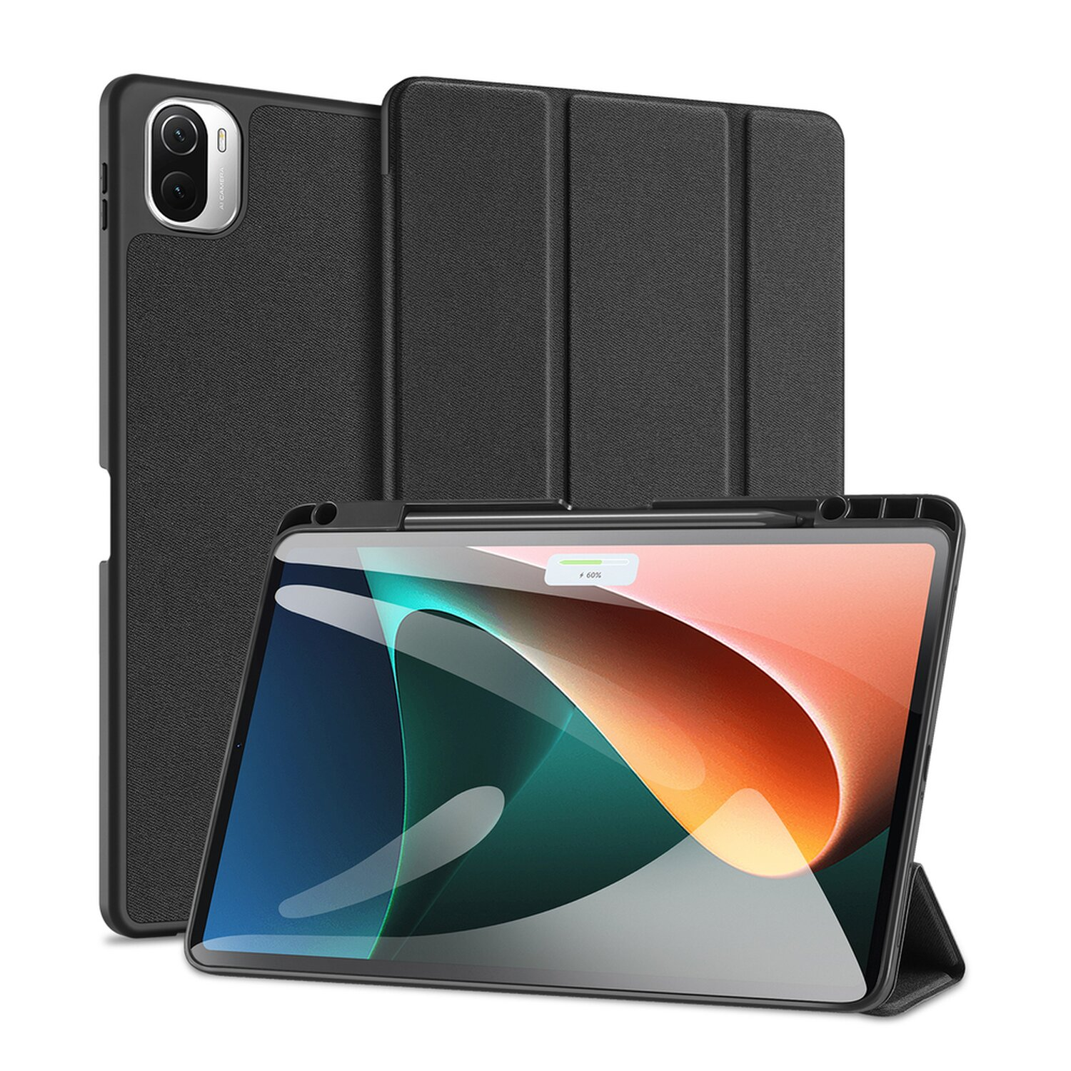 Ein schwarzes Tablet in einem Gehäuse. Der Bildschirm zeigt ein Bild mit einem Ladebalken.