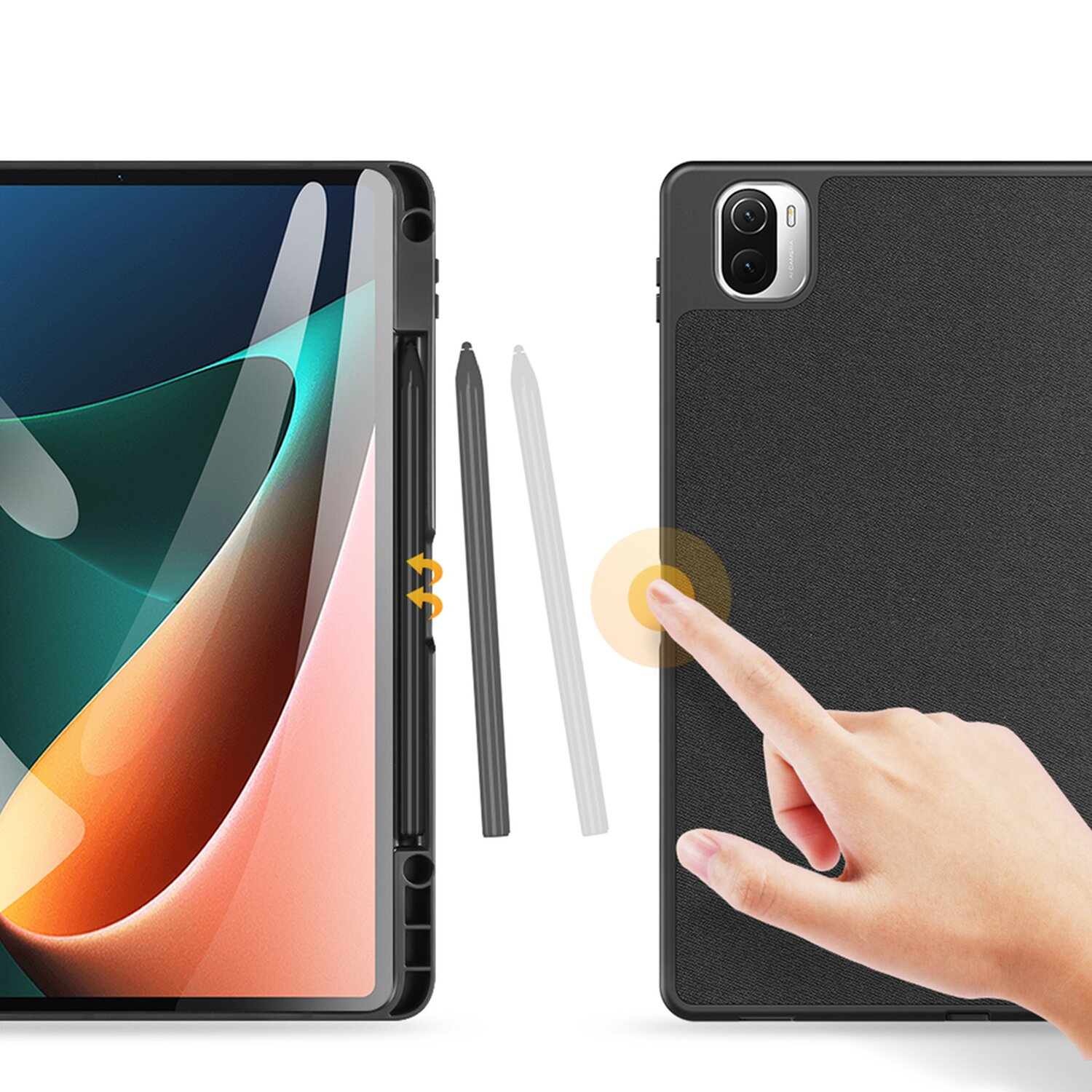 Tablet mit angebrachtem Stift, umgeben von zwei zusätzlichen Stiften.