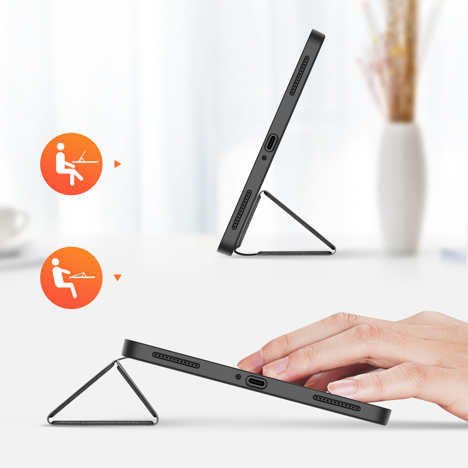 Tablet-Hülle mit Ständerfunktion. Zeigt zwei verschiedene Anwendungsmöglichkeiten. Hand interagiert.