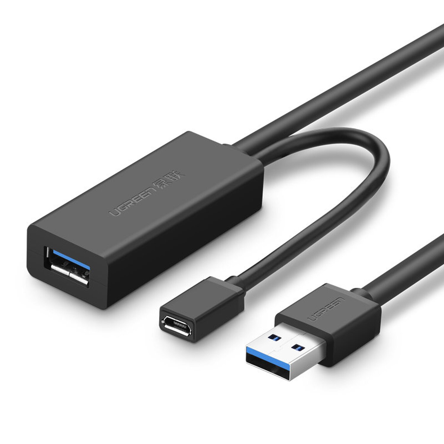 Schwarzes UGREEN USB-Kabel mit einem USB-A- und einem Micro-USB-Anschluss. Weißer Hintergrund.