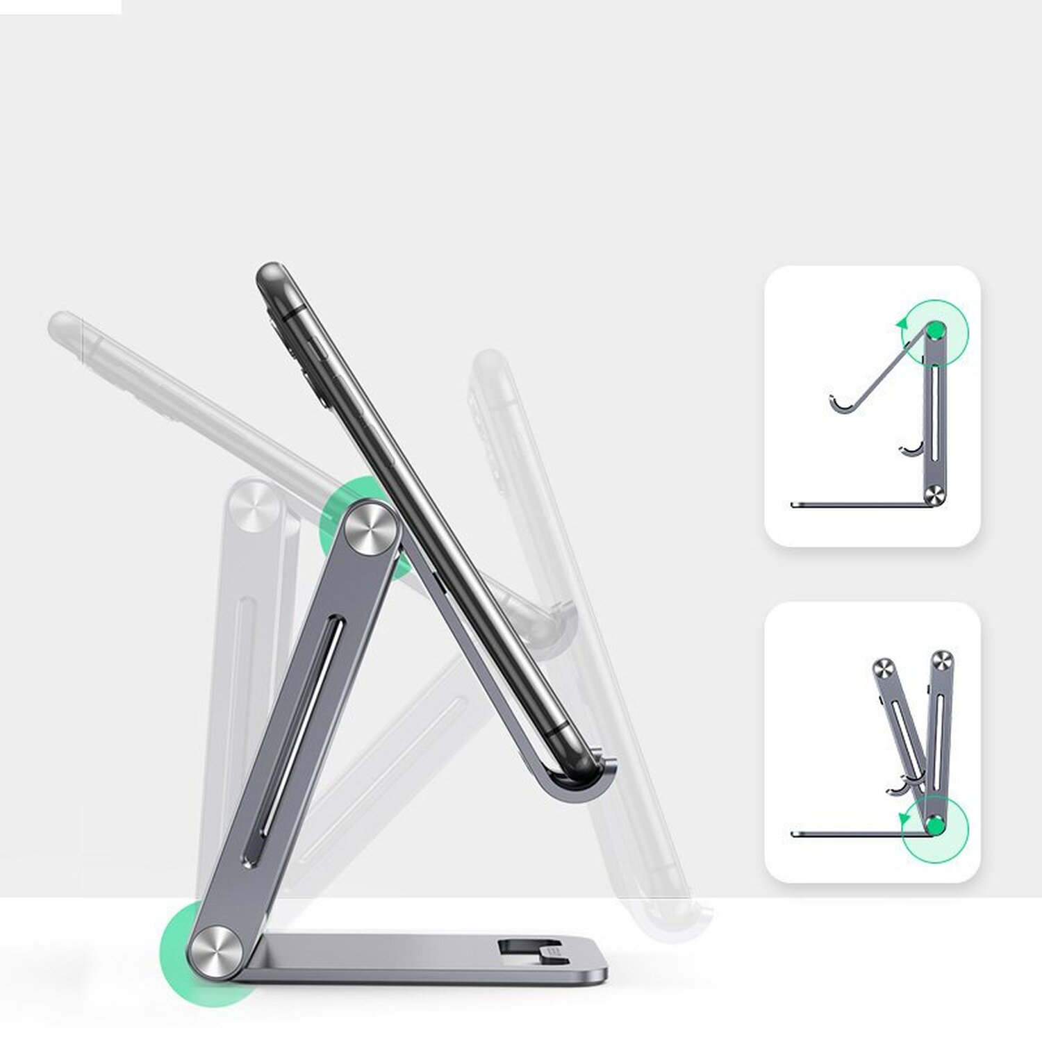 Silberner Telefonständer, der ein Telefon hält. Illustrationen zeigen Anpassungsoptionen. Weißer Hintergrund.