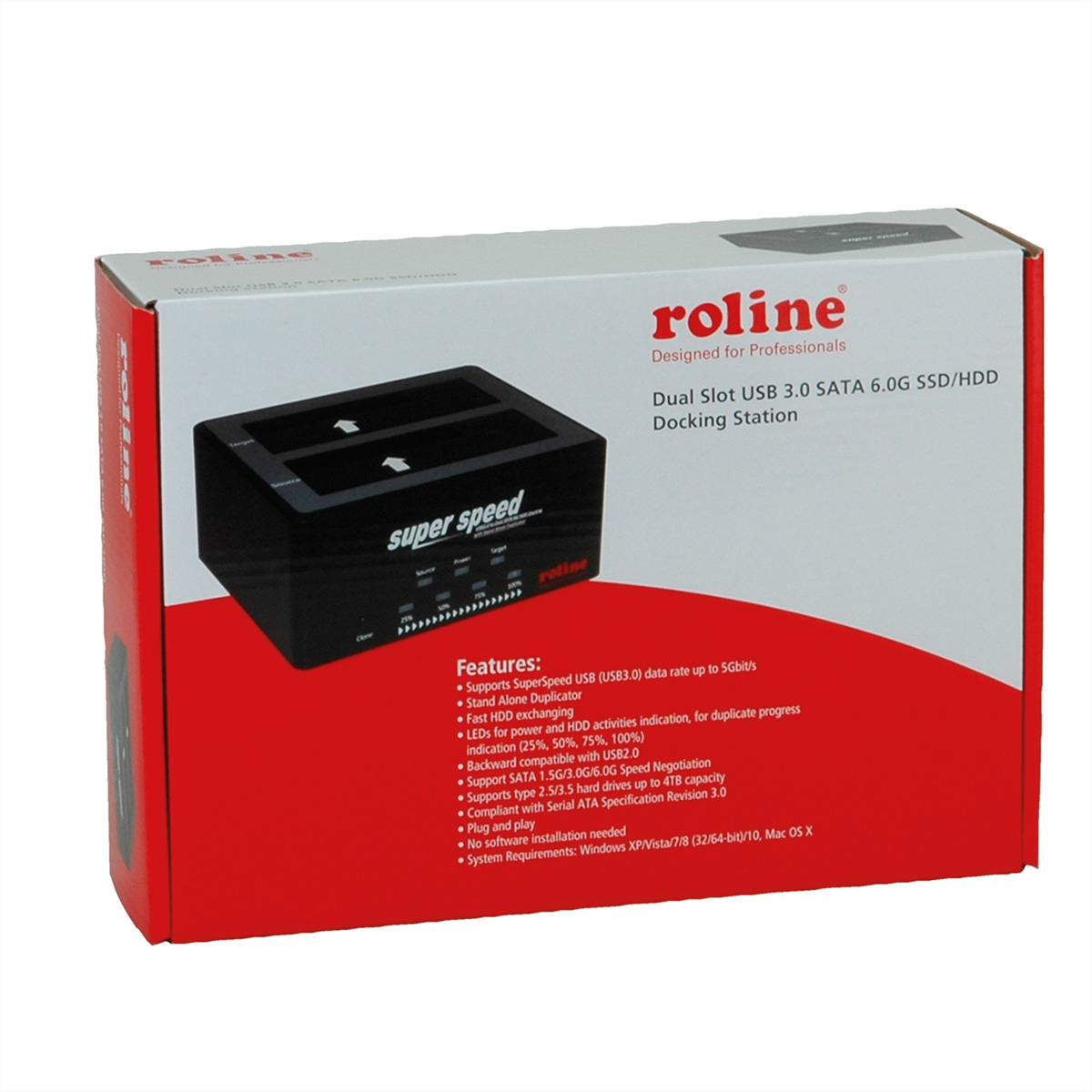 Box with text, a docking station, and features list. Red and white color scheme. White background.