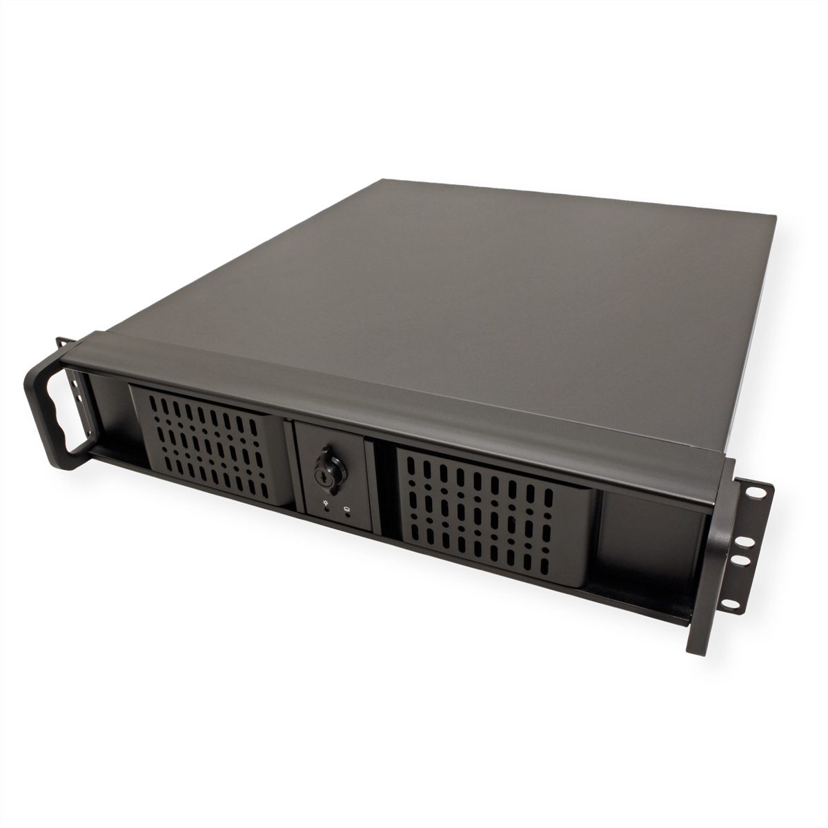 Case server nero con due scomparti, una maniglia e una serratura, su una superficie bianca.